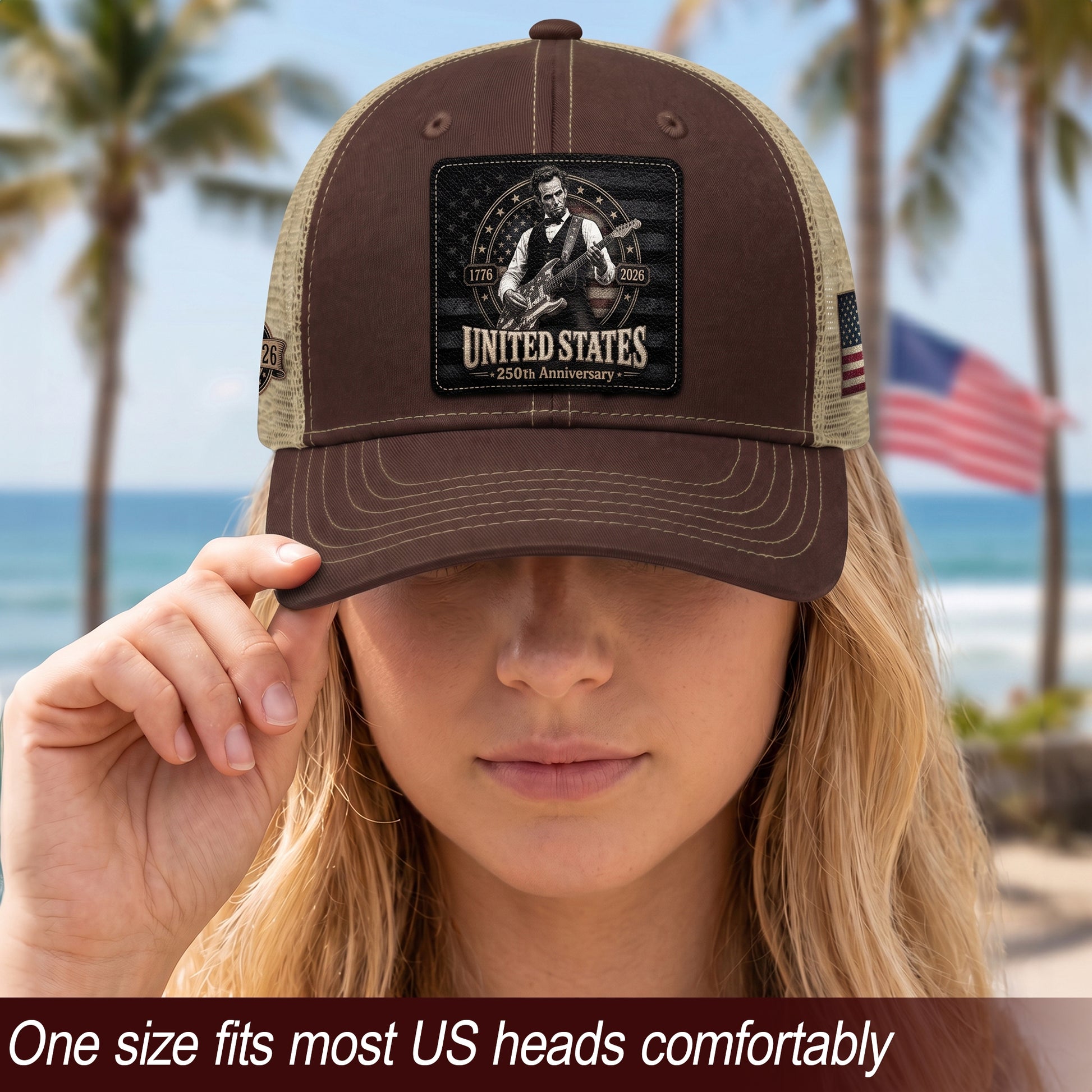 Brown Mesh Cap Abraham Lincoln Guitar 1776-2026 Anniversary Leather Patch Patriotic Hat - Rust Field Wear
