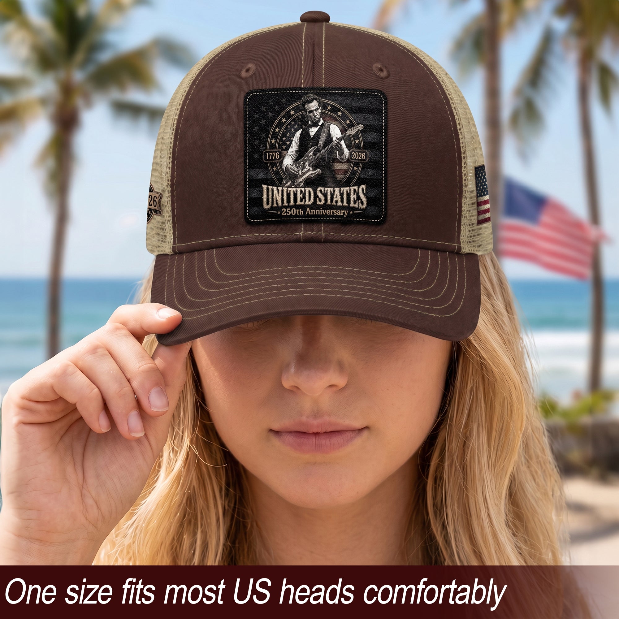 Brown Mesh Cap Abraham Lincoln Guitar 1776-2026 Anniversary Leather Patch Patriotic Hat - Rust Field Wear