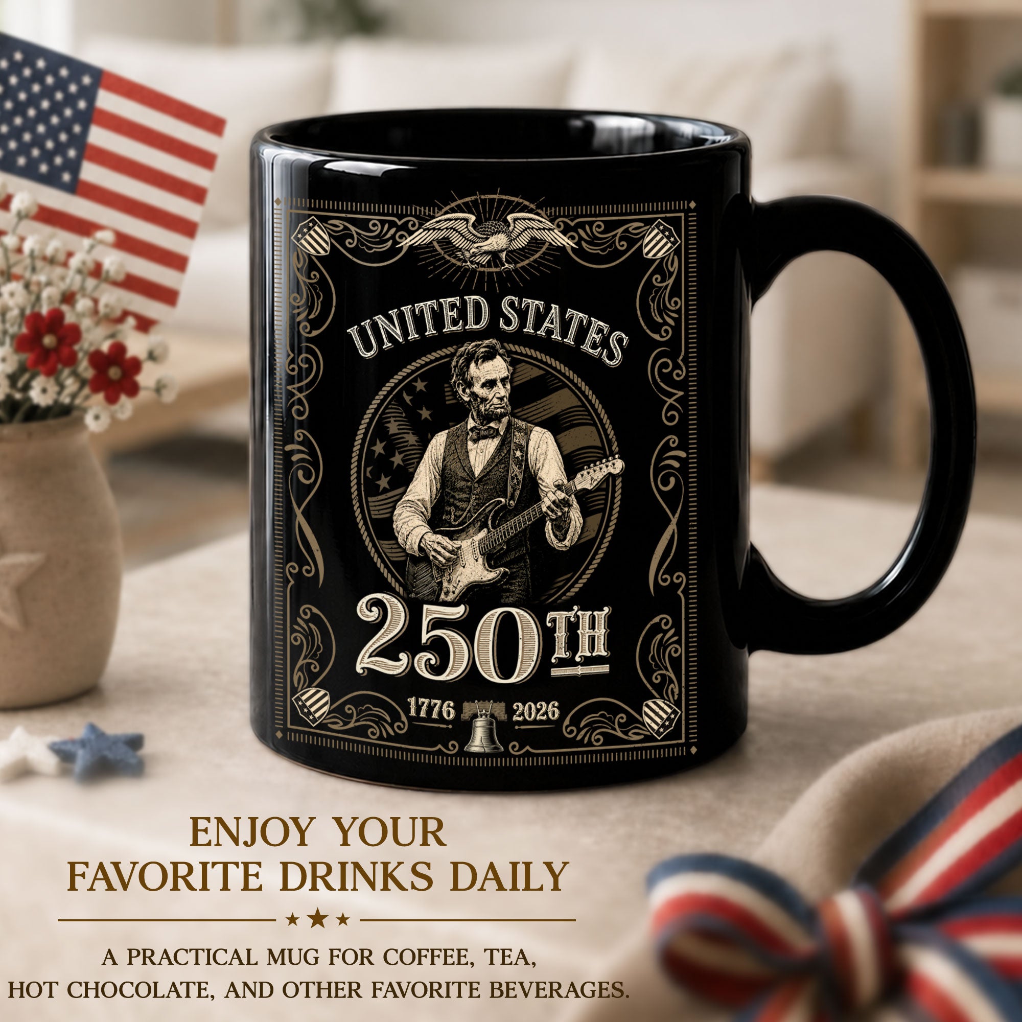 America's 250th Anniversary 1776-2026 Abraham Lincoln Guitar Patriotic Mug - Rust Field Wear