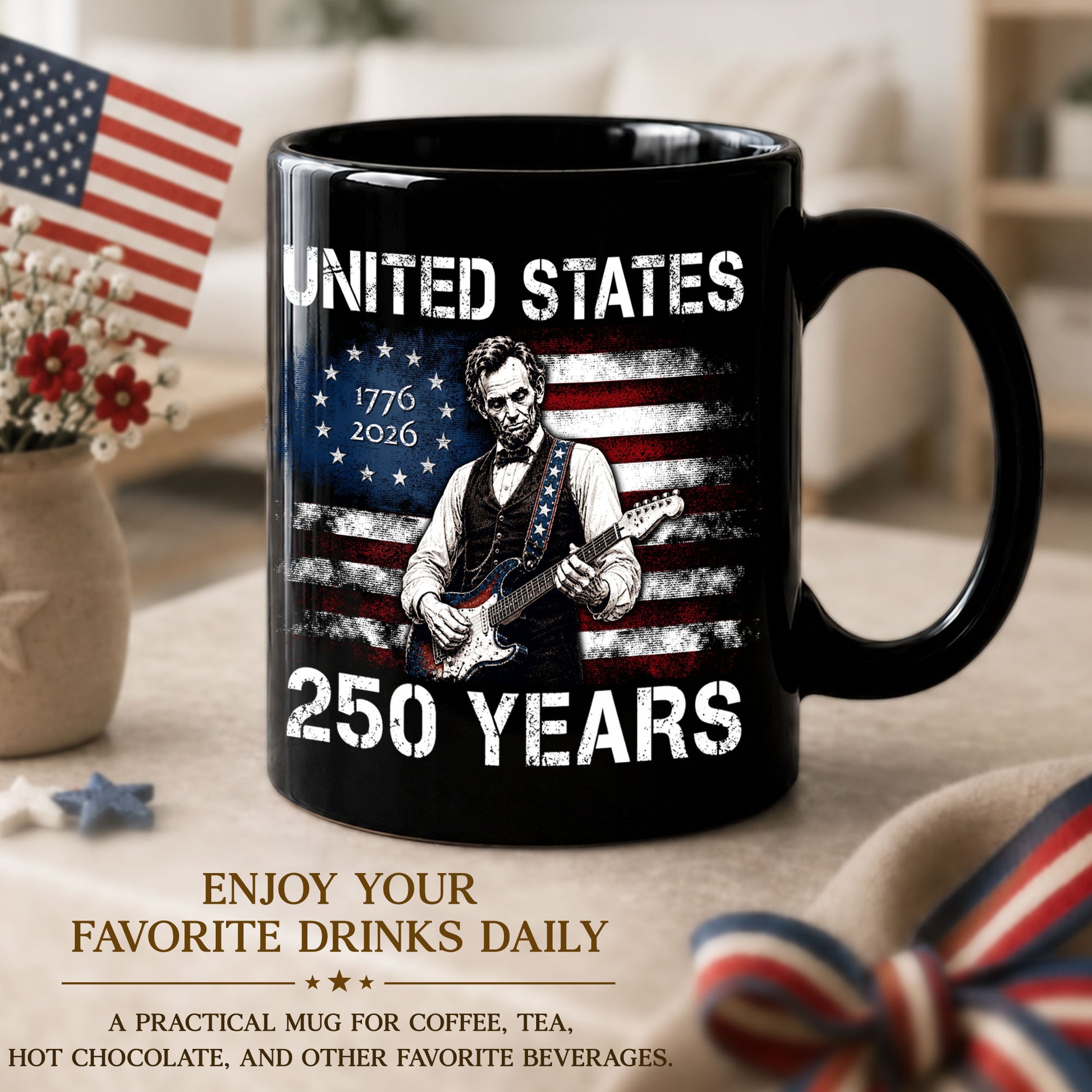 Abraham Lincoln Guitar 1776-2026 Anniversary Mug - Patriotic Drinkware for History Fans - Rust Field Wear