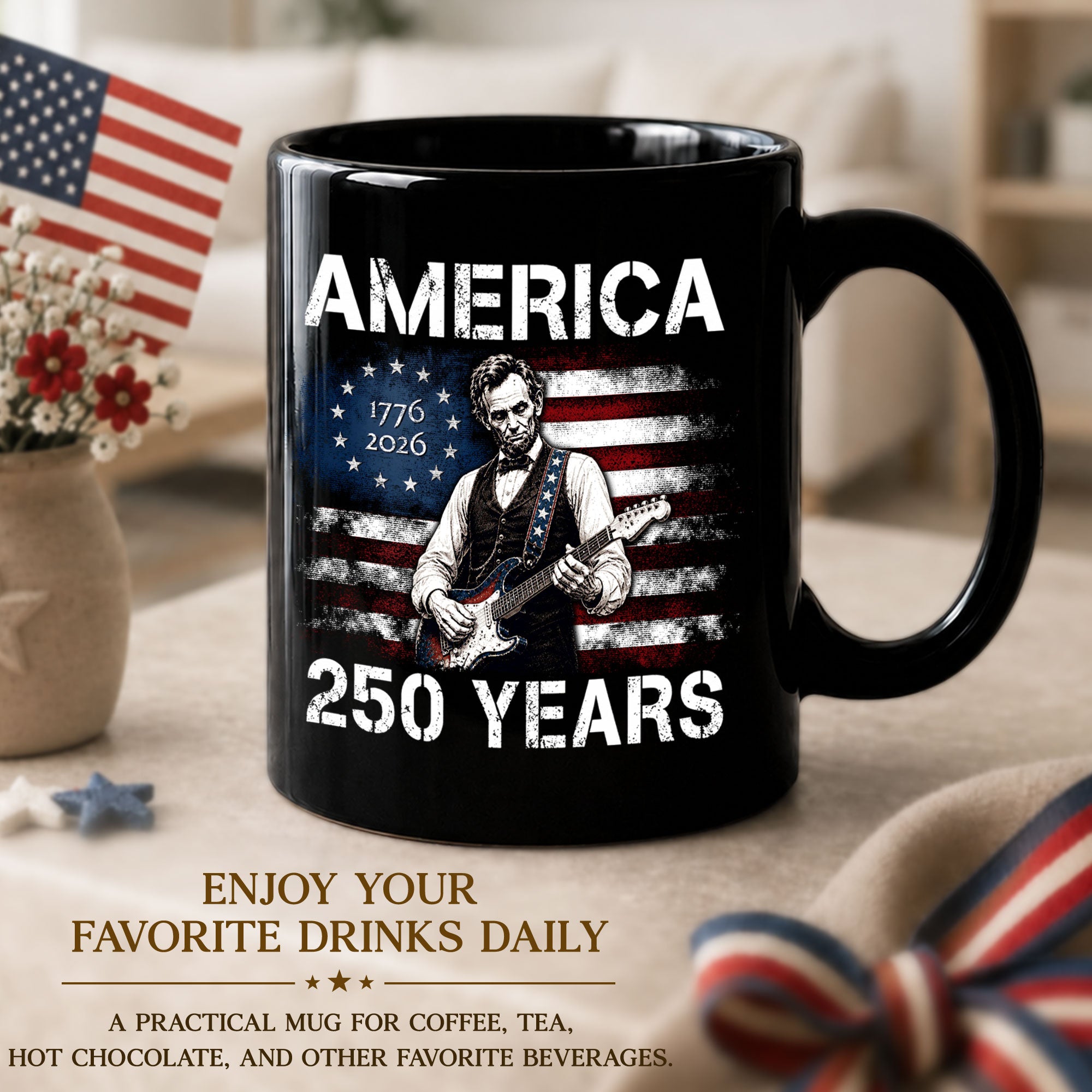 Mug: America 250 Years 1776-2026 Abraham Lincoln Guitar Patriotic Anniversary Gift