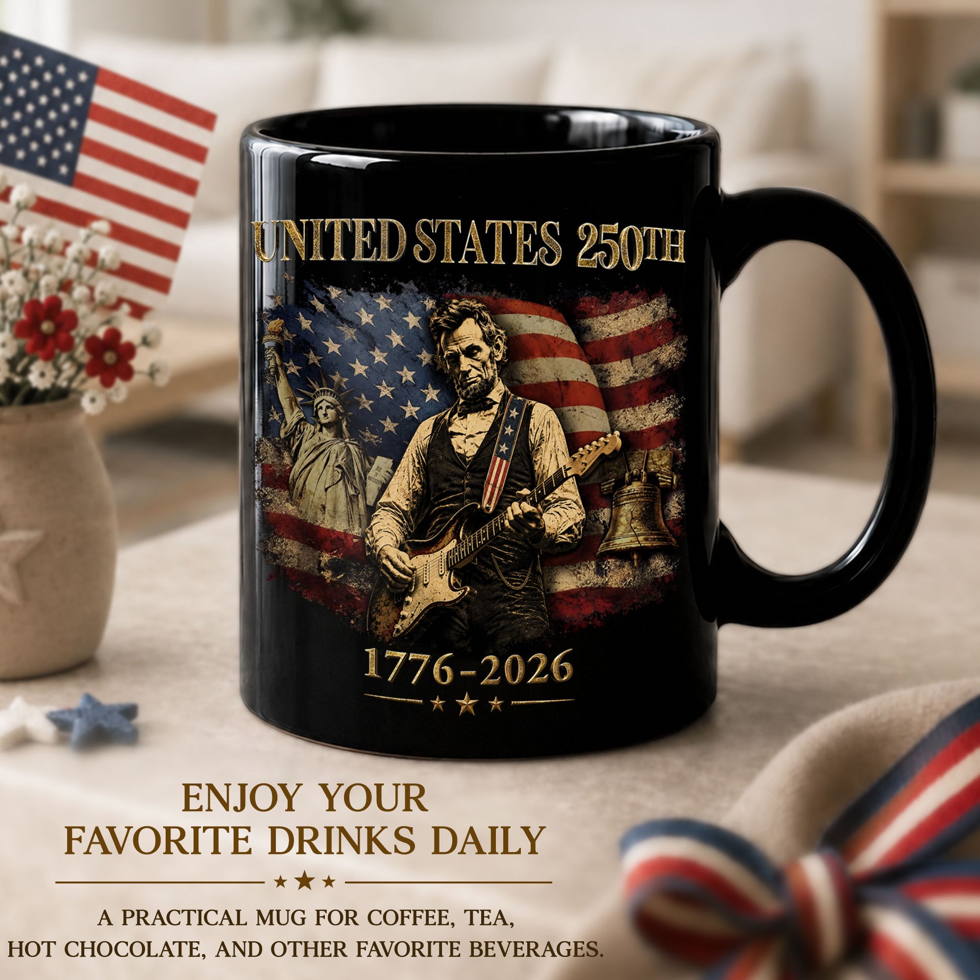 Historic USA 250th Anniversary 1776-2026 Lincoln Guitar Patriotic Symbols Mug Gift - Rust Field Wear