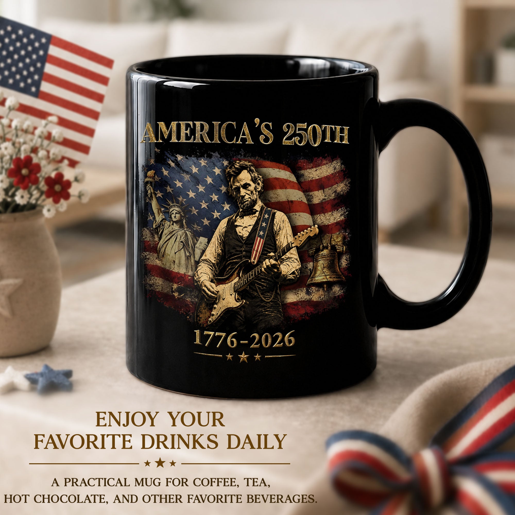 Historic USA 250th Anniversary 1776-2026 Lincoln Guitar Patriotic Symbols Mug Gift