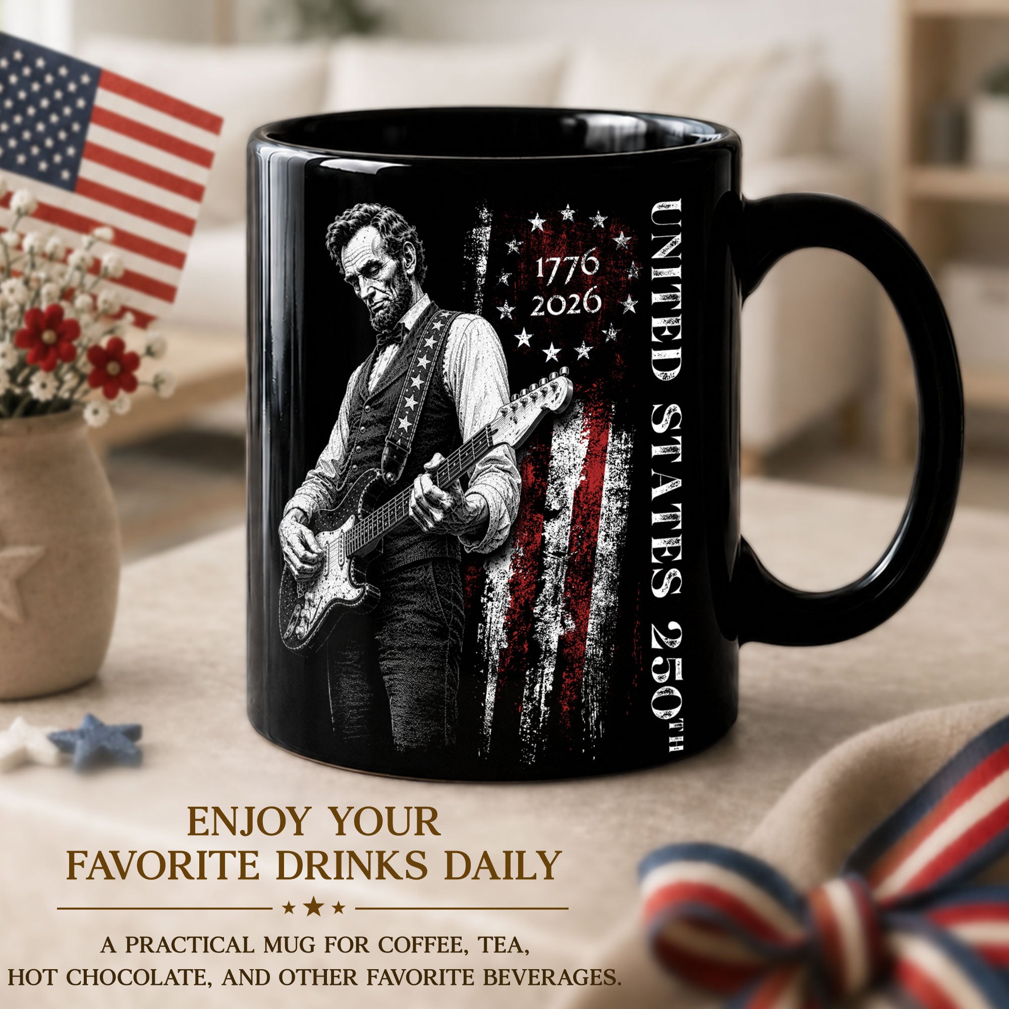 Abraham Lincoln Guitar Player America 250th Anniversary 1776-2026 Patriotic Art Mug - Rust Field Wear