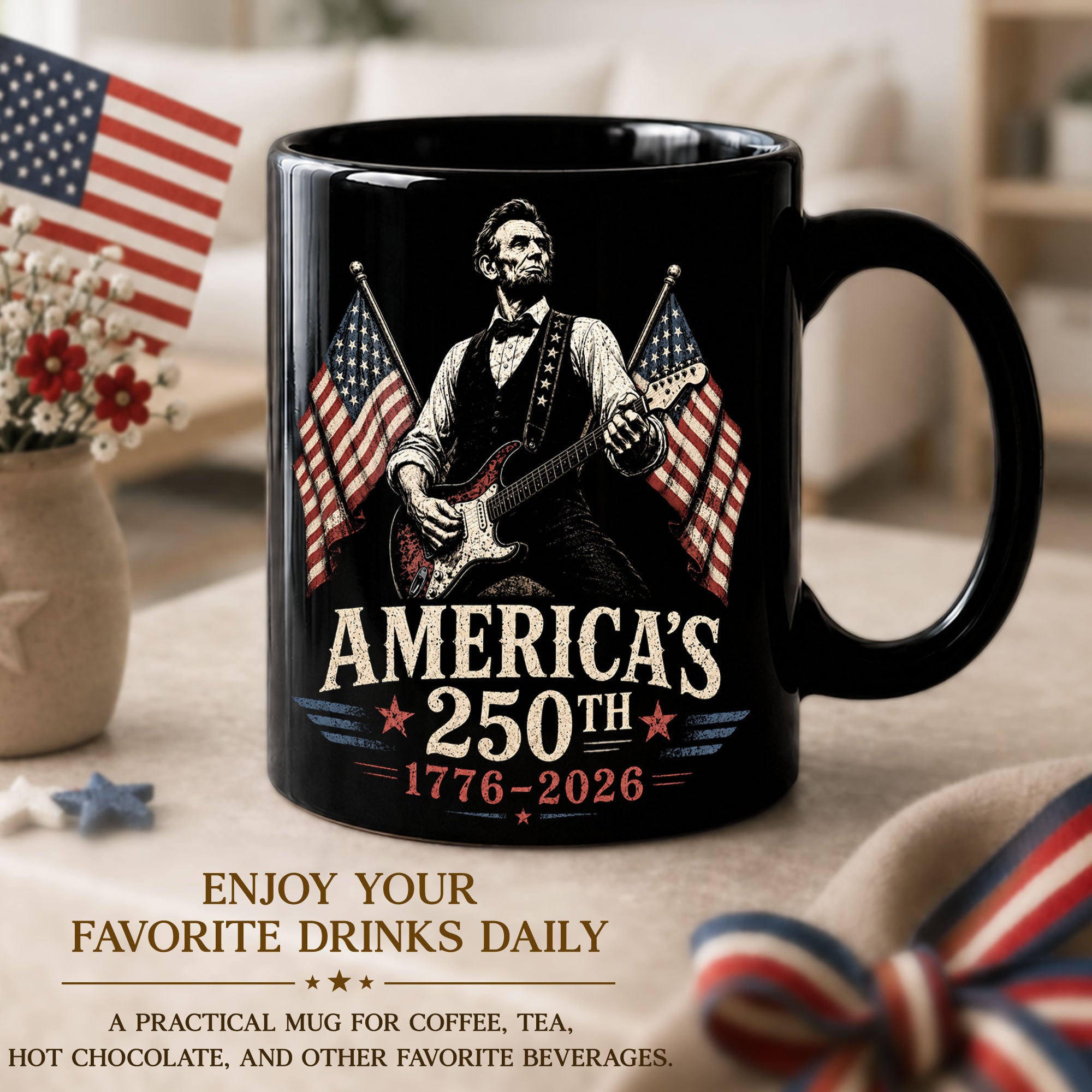 1776 2026 Mug 250th Abraham Lincoln Rock Guitar Patriotic American Ceramic Cup - Rust Field Wear