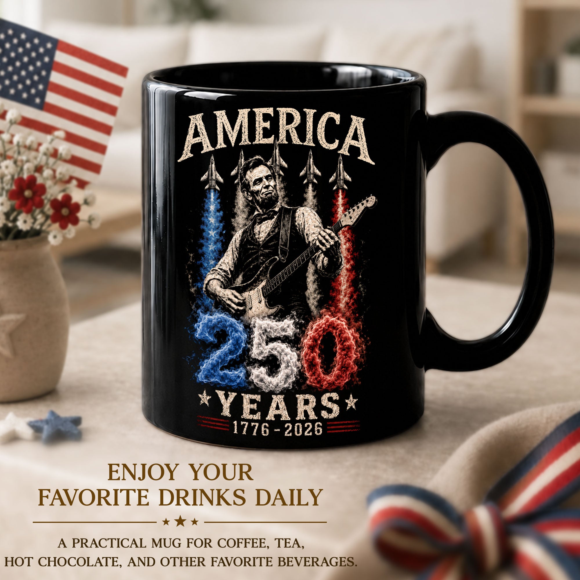 250 Years 1776 2026 Mug Abraham Lincoln Fighter Jet Patriotic American Ceramic Cup - Rust Field Wear