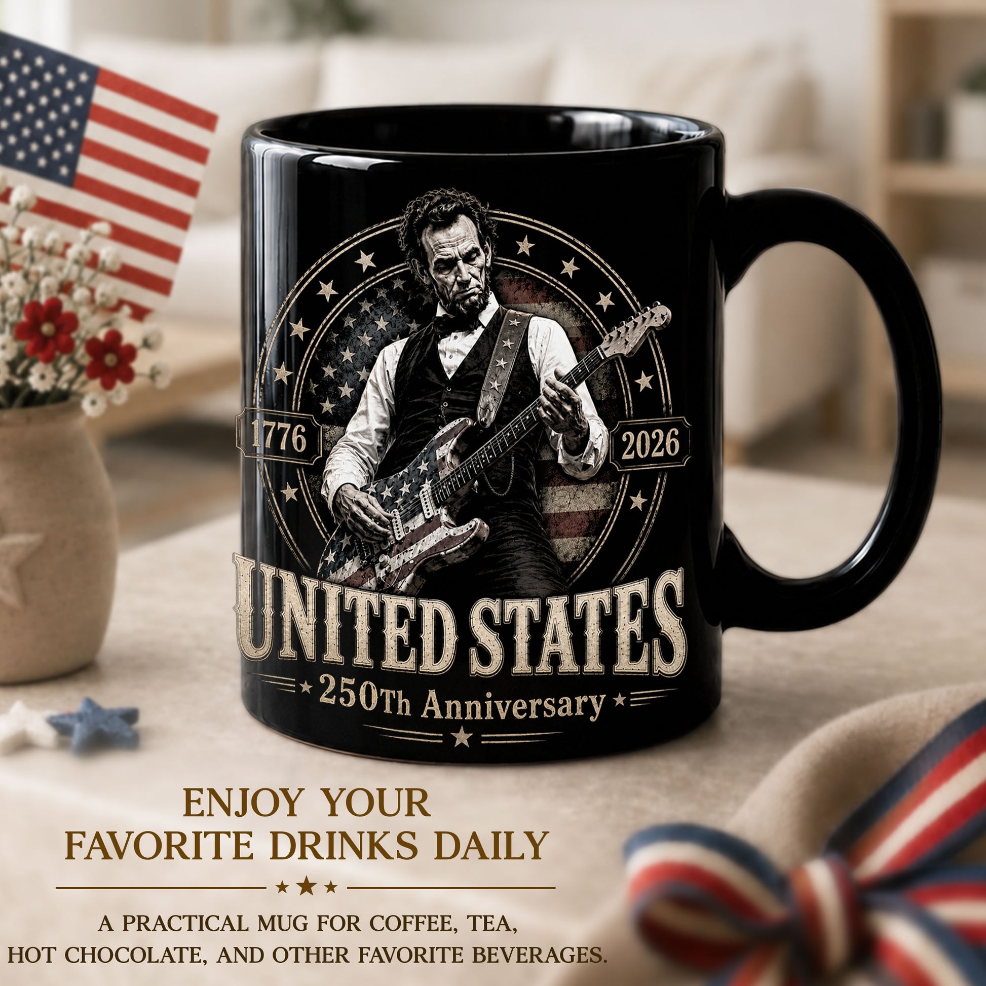 250 Years 1776 2026 Mug Abraham Lincoln Rock Guitar Patriotic Patriotic Ceramic Cup - Rust Field Wear