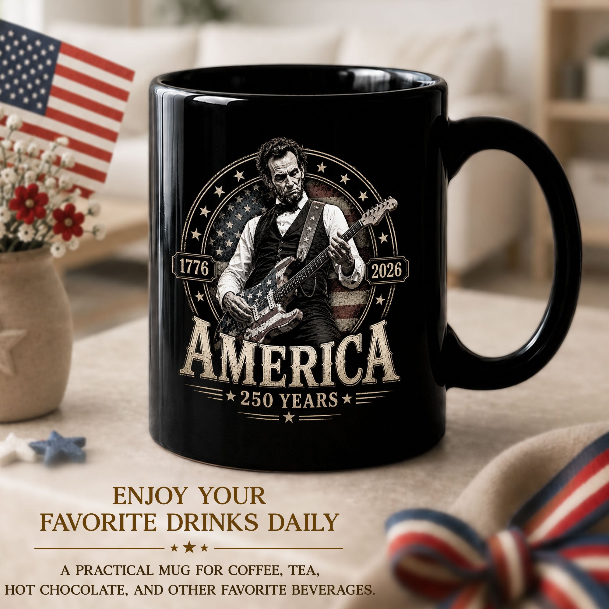 250 Years 1776 2026 Mug Abraham Lincoln Rock Guitar Patriotic Patriotic Ceramic Cup