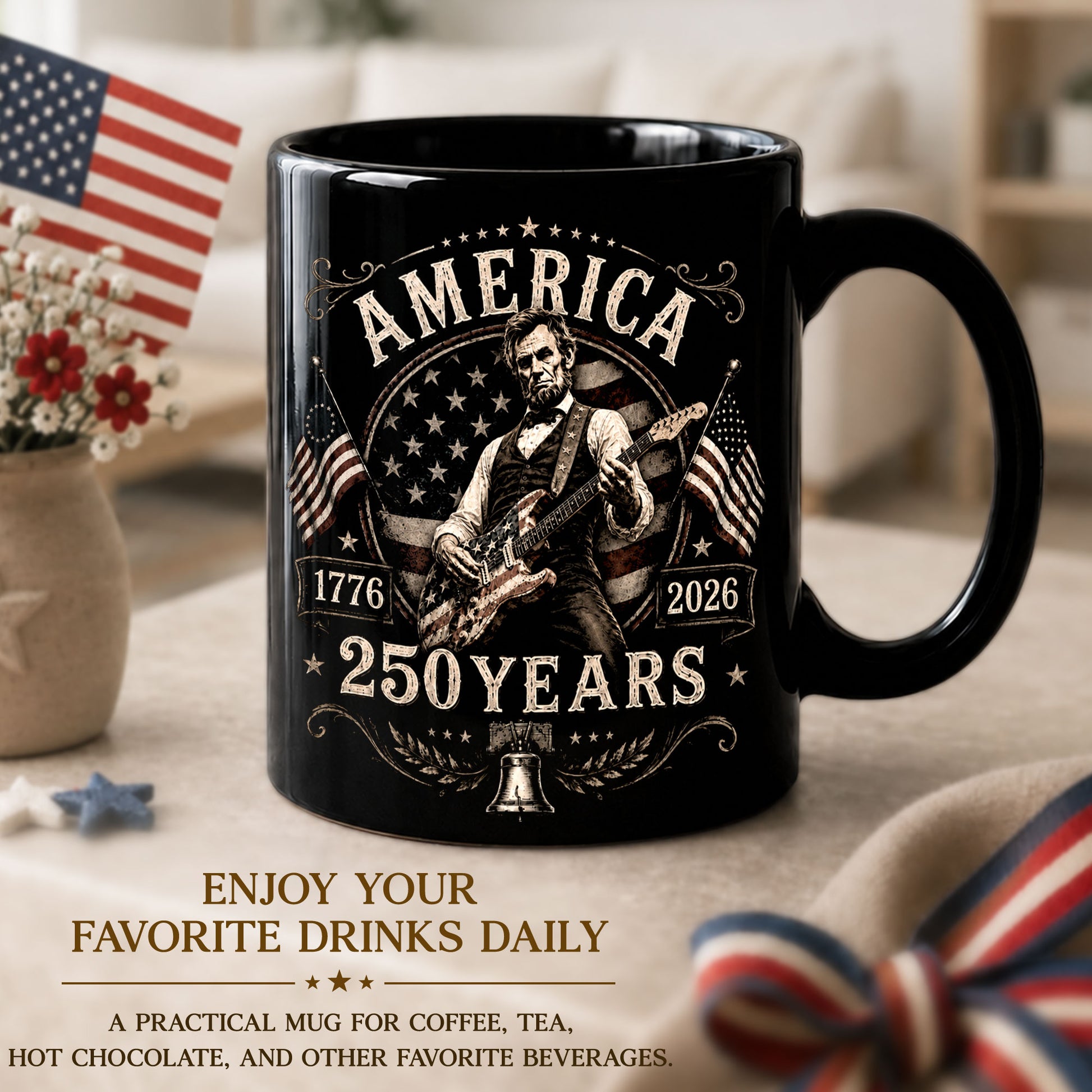 250 Years 1776 2026 Mug Abraham Lincoln Rock Guitar Liberty Bell Patriotic Cup Gift - Rust Field Wear