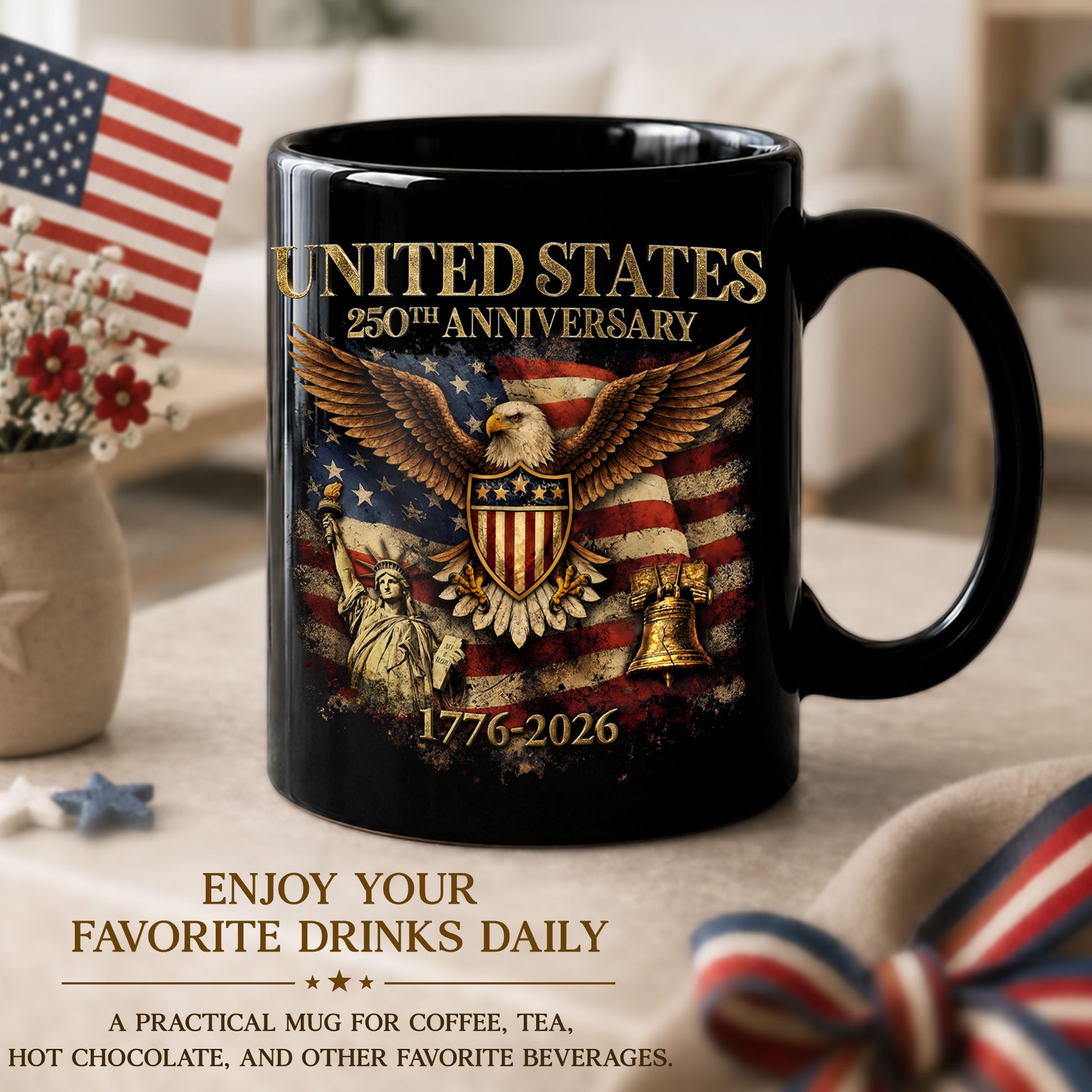 USA 250 Years 1776-2026 Patriotic Symbols Statue of Liberty Eagle Anniversary Mug - Rust Field Wear