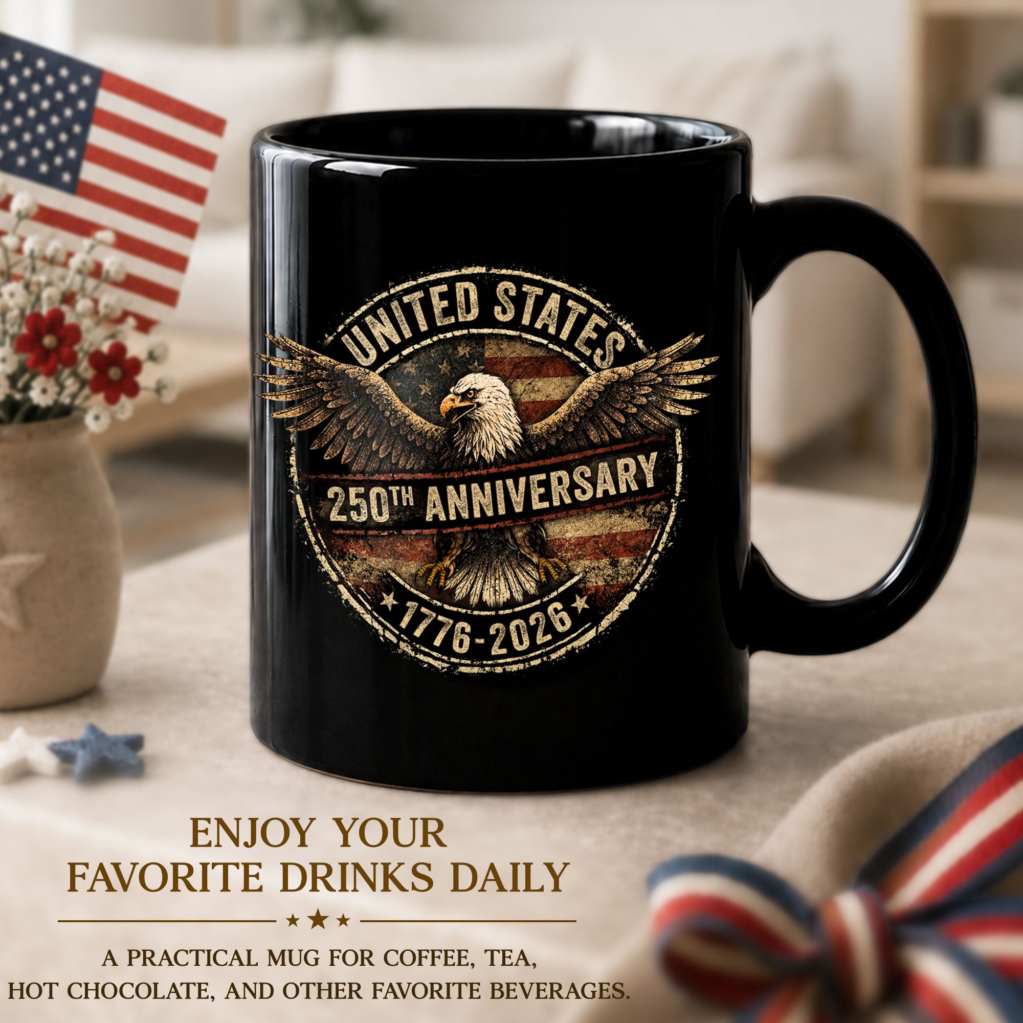 Vintage US 250th Anniversary 1776-2026 American Eagle Flag Commemorative Mug - Rust Field Wear