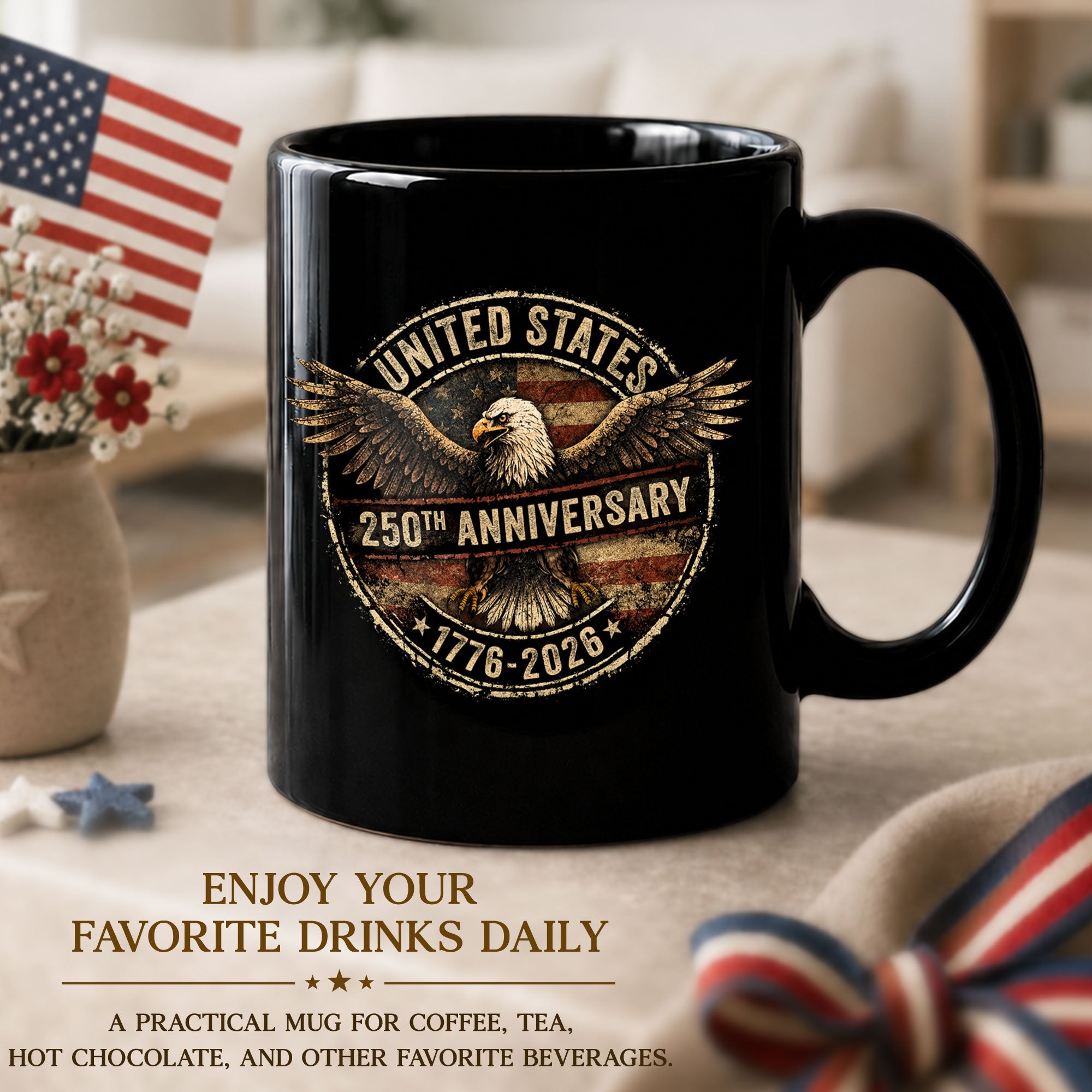 Vintage US 250th Anniversary 1776-2026 American Eagle Flag Commemorative Mug