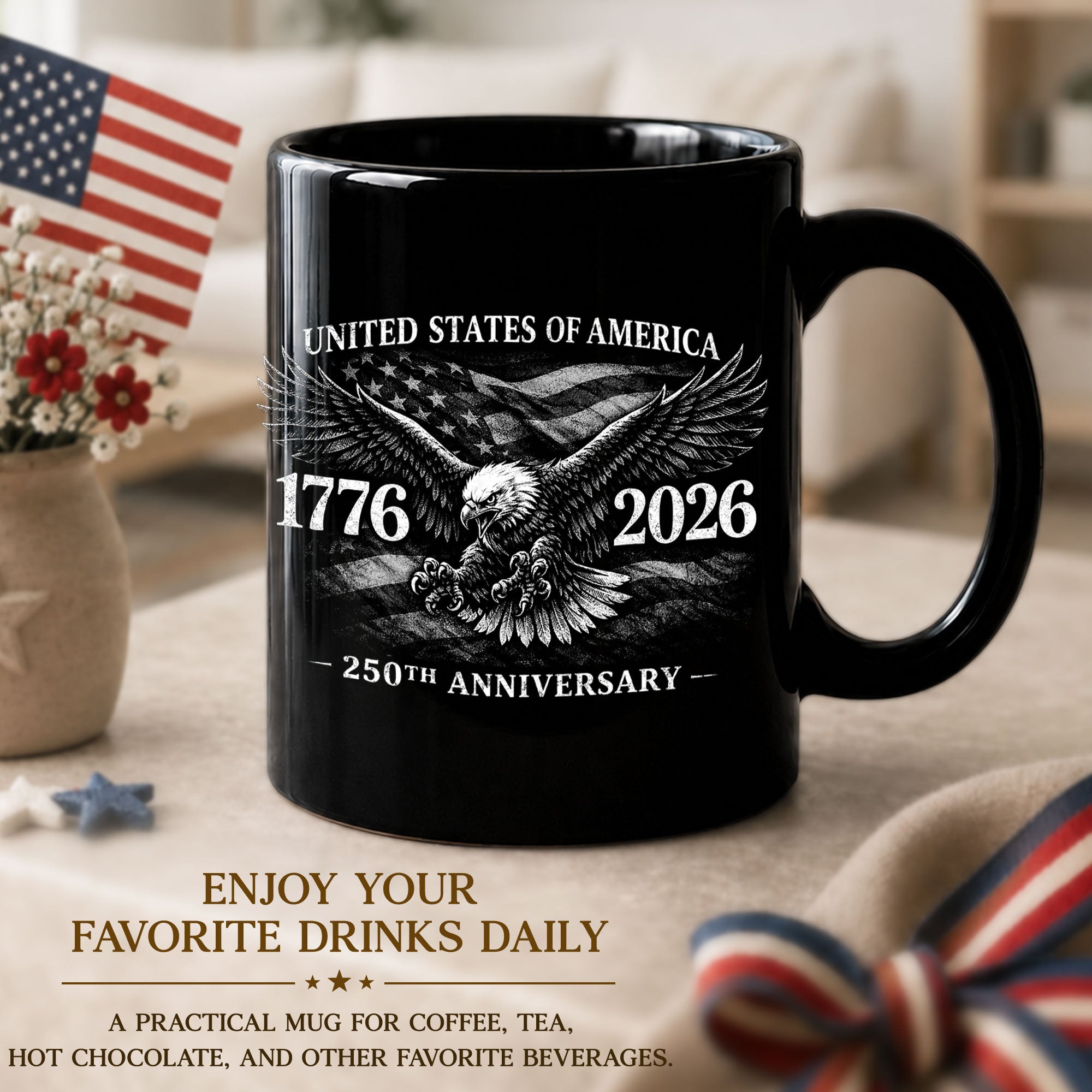 United States 250th Anniversary 1776-2026 Patriotic Eagle Commemorative Black Mug - Rust Field Wear