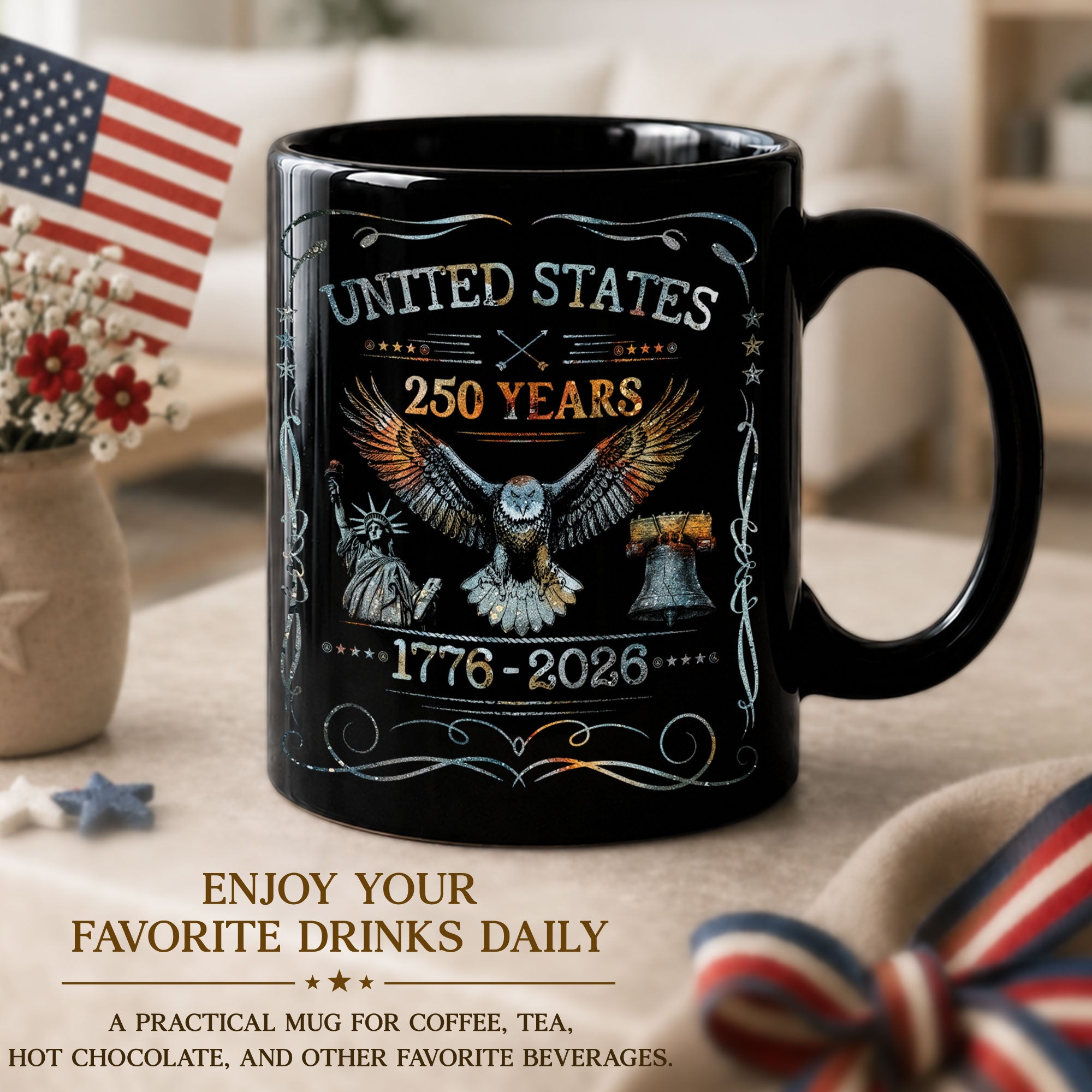 250 Years 1776 2026 Mug United States Patriotic Eagle Liberty Bell Ceramic Cup - Rust Field Wear
