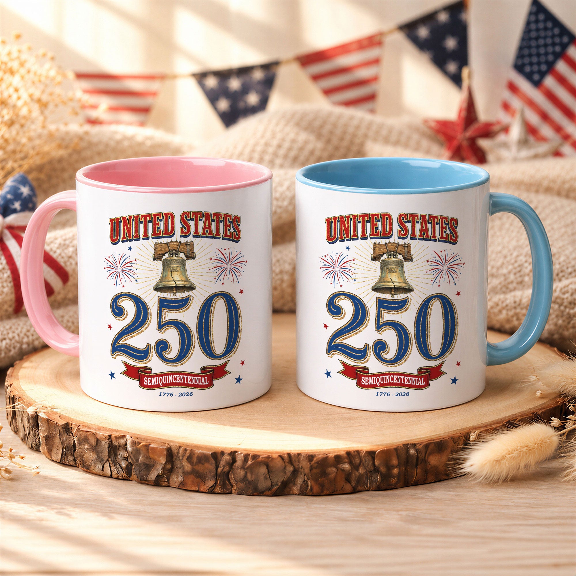 United States 1776 2026 Accent Mug Liberty Bell Patriotic Fireworks Gift Cup