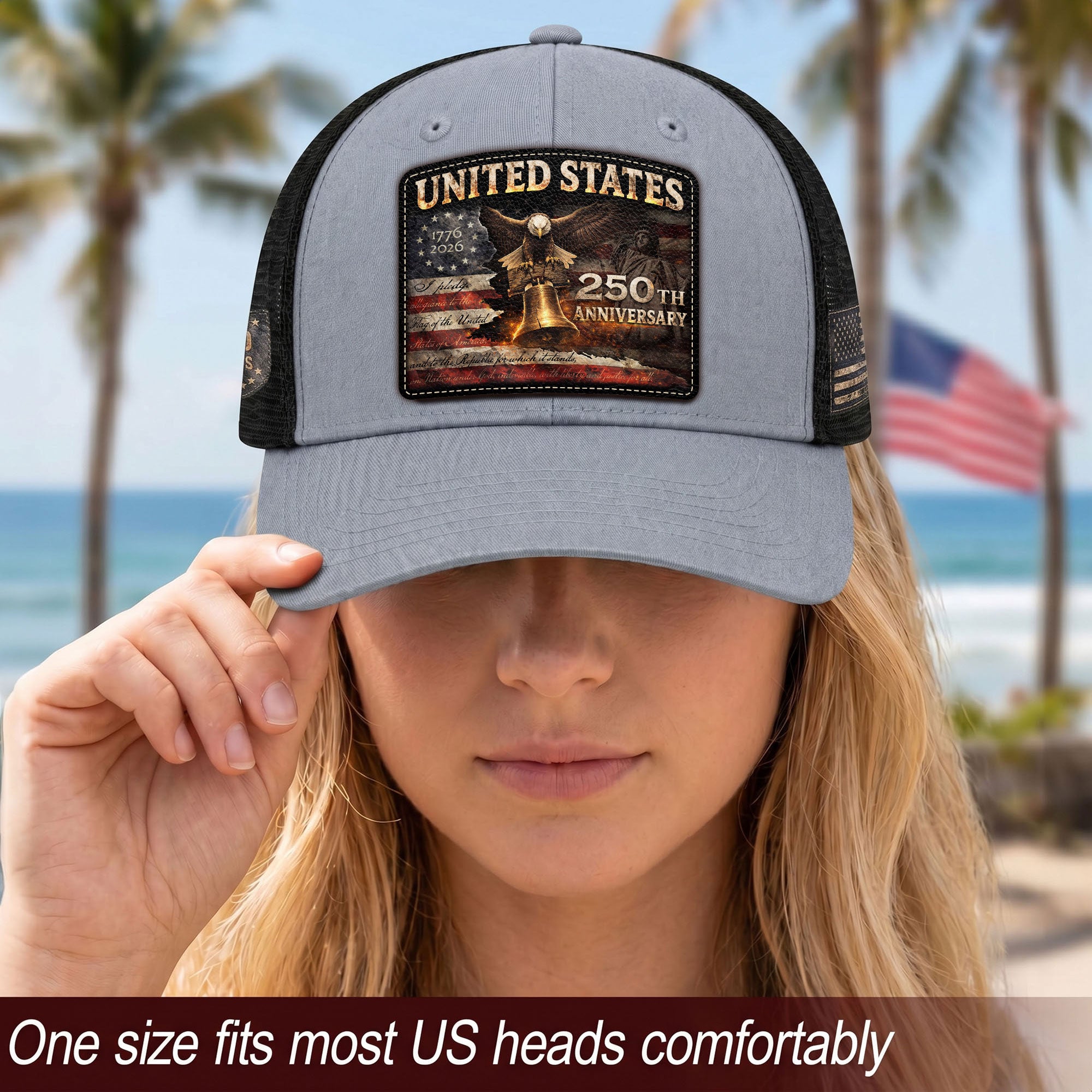 United States 250th Anniversary Leather Patch Hat Patriotic Eagle Bell Mesh Cap