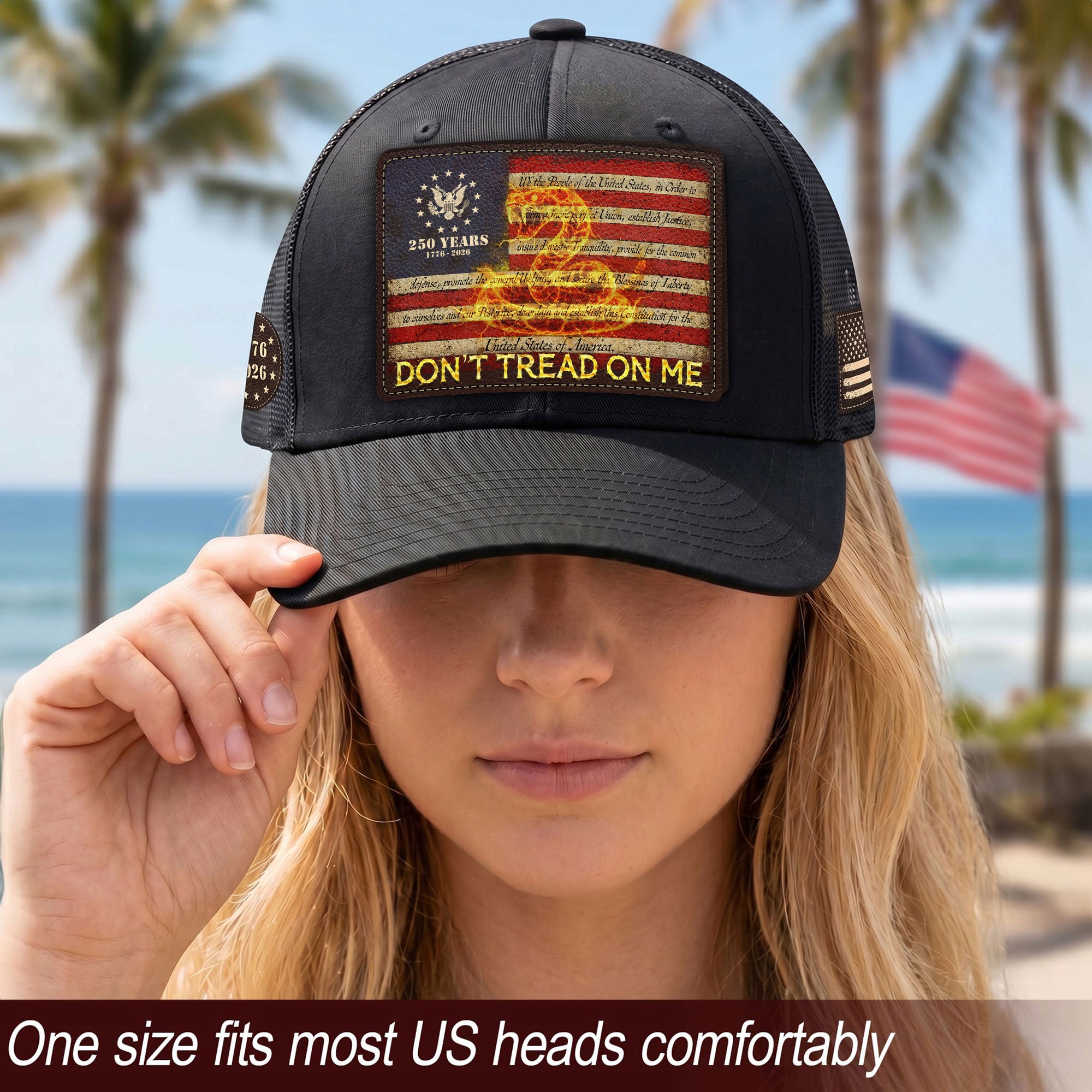 Don’t Tread On Me Leather Patch Hat 250th Anniversary Patriotic Mesh Trucker Cap