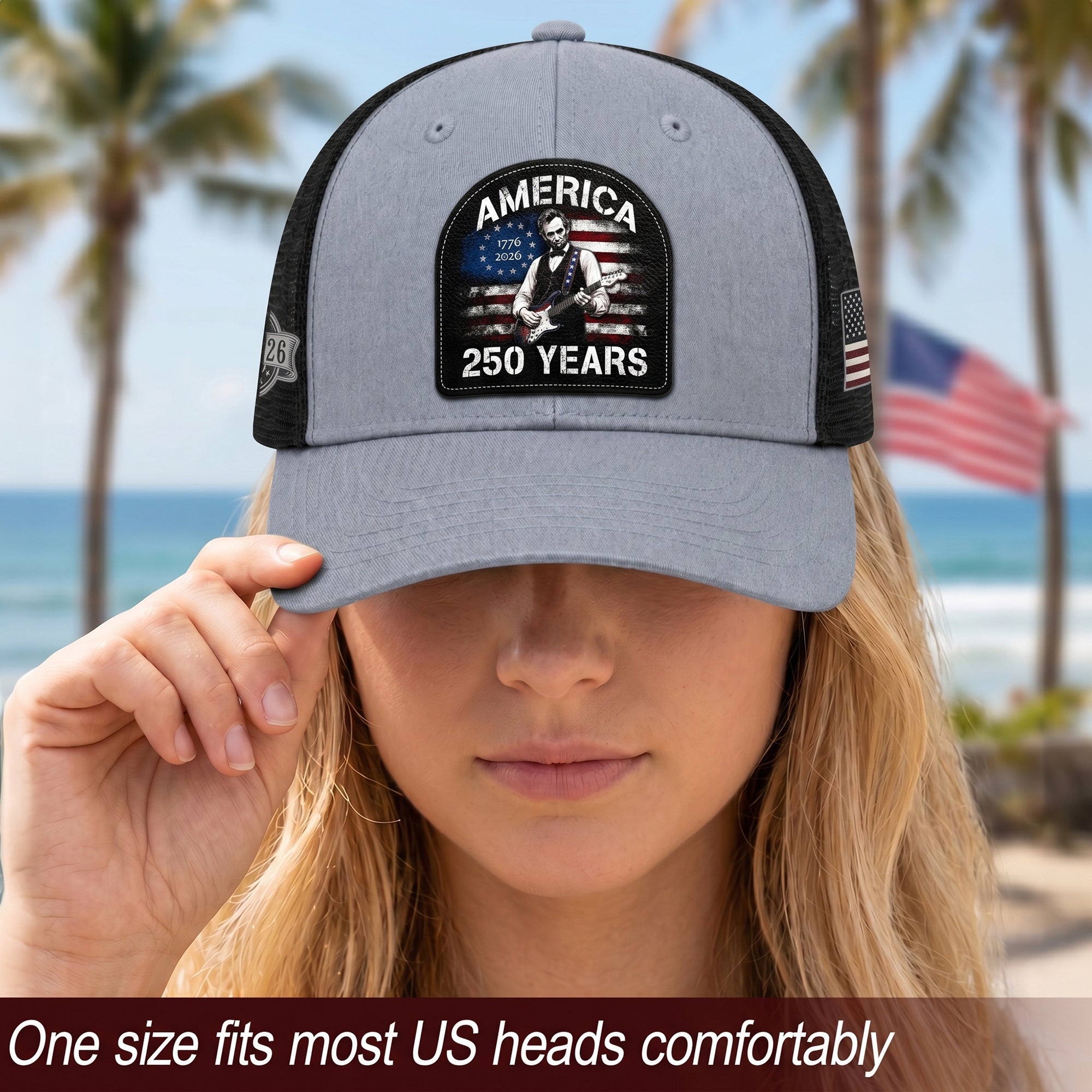 Lincoln Guitar Patch Hat America 250 Years 1776-2026 Patriotic Trucker Cap Mesh Back