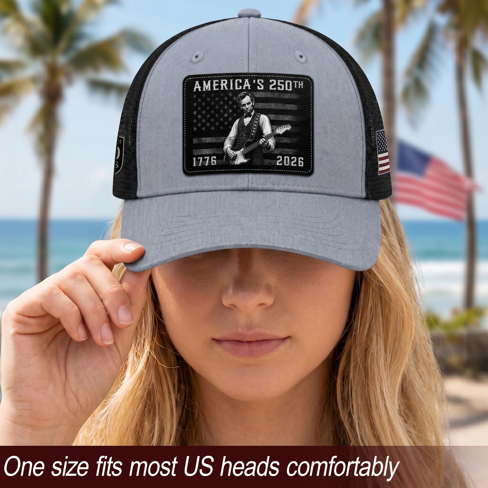 Grey Lincoln Guitar Anniversary Hat 1776-2026 Patriotic Trucker Cap - Iconic Design