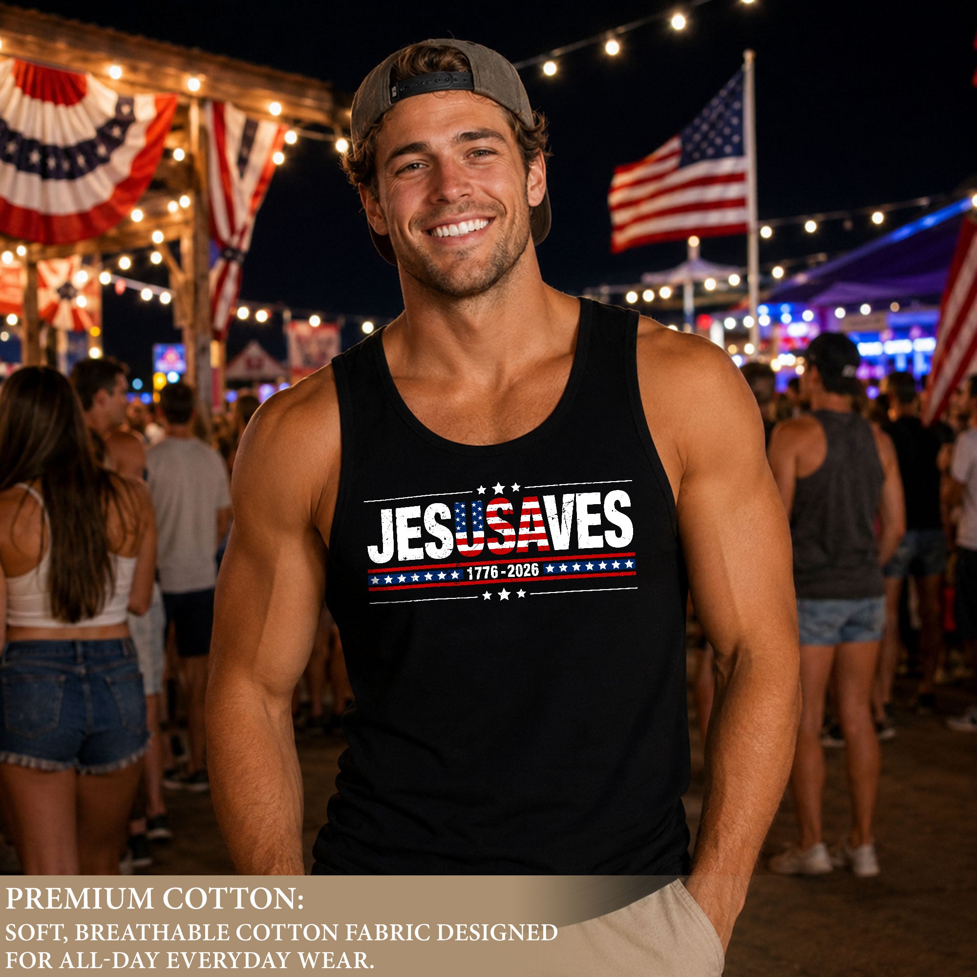 Men's JESUSAVES 1776-2026 Tank Top - Patriotic Graphic Sleeveless Summer Shirt