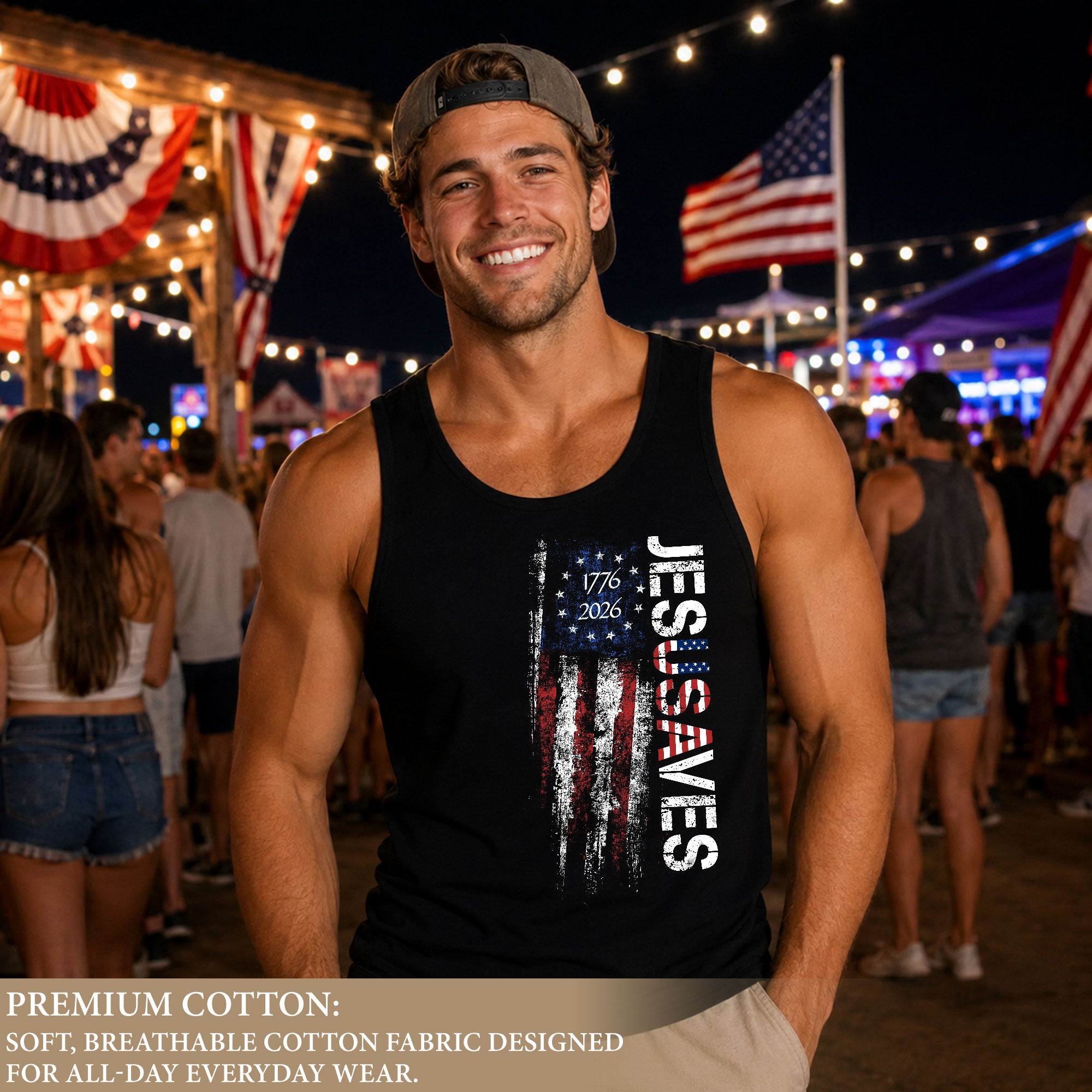 Men's Vertical JESUSAVES 1776-2026 Tank - Patriotic Graphic Sleeveless Summer Top