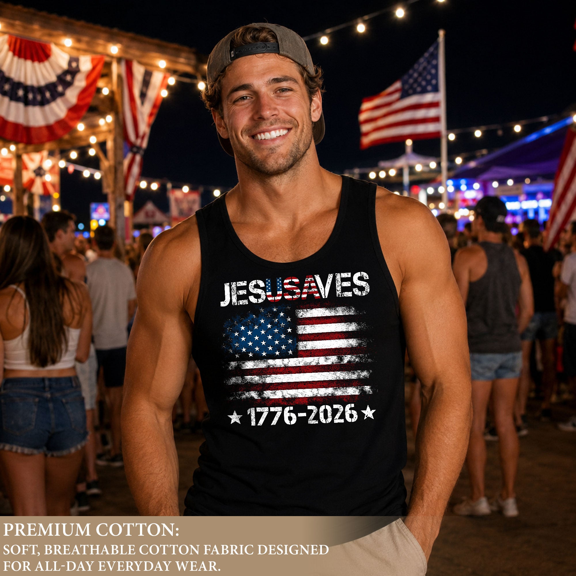 Men's Patriotic JESUSAVES 1776-2026 Tank Top - Faith Graphic Sleeveless Shirt
