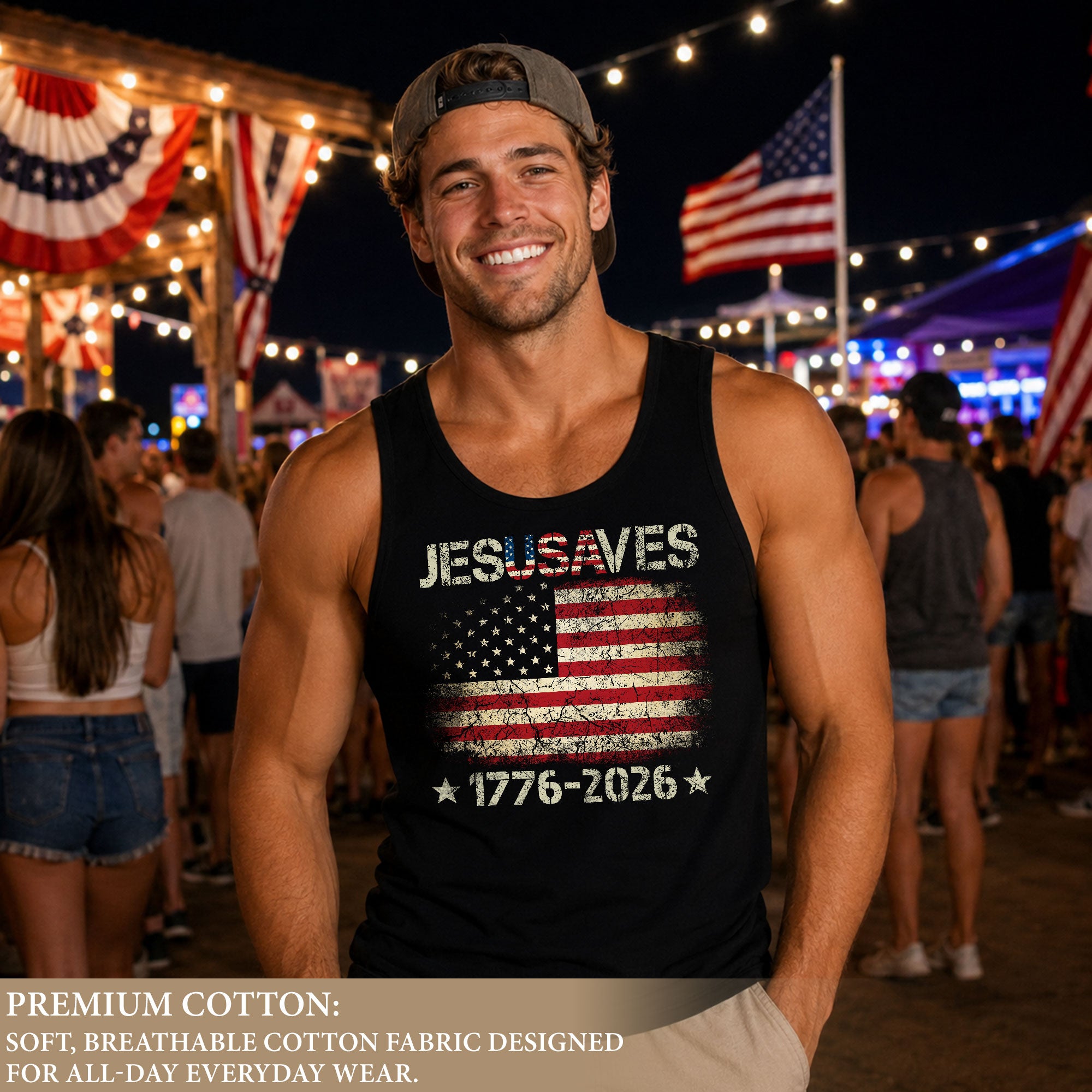 Men's Patriotic 1776-2026 Tank - JESUSAVES Faith Graphic Sleeveless Summer Shirt