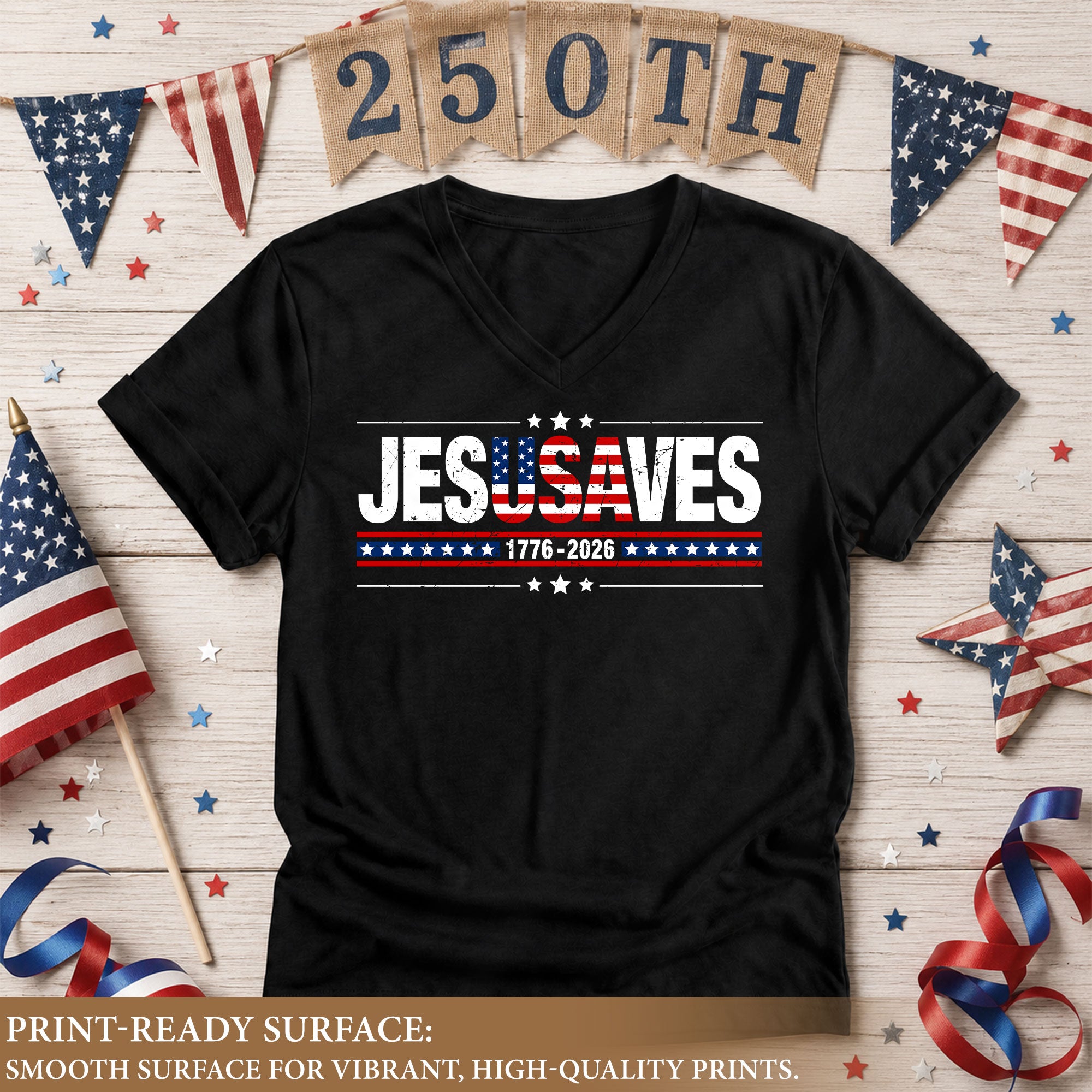 JESUSAVES 1776-2026 Patriotic V-Neck Tee - Women's Graphic Summer Casual Shirt Top
