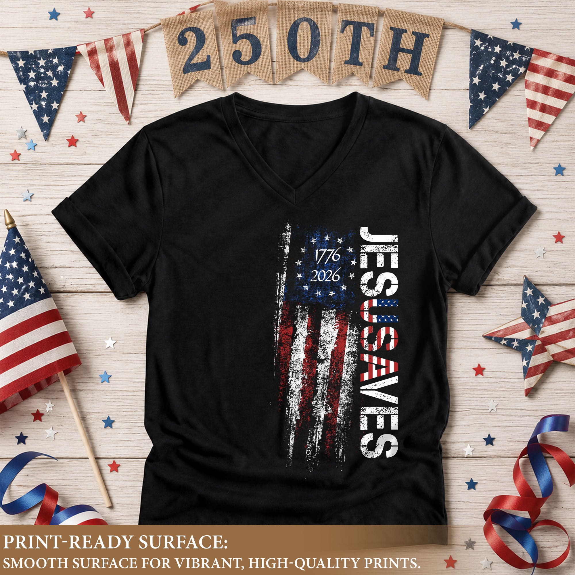 JESUSAVES Vertical 1776-2026 V-Neck Tee - Women's Graphic Patriotic Summer Shirt