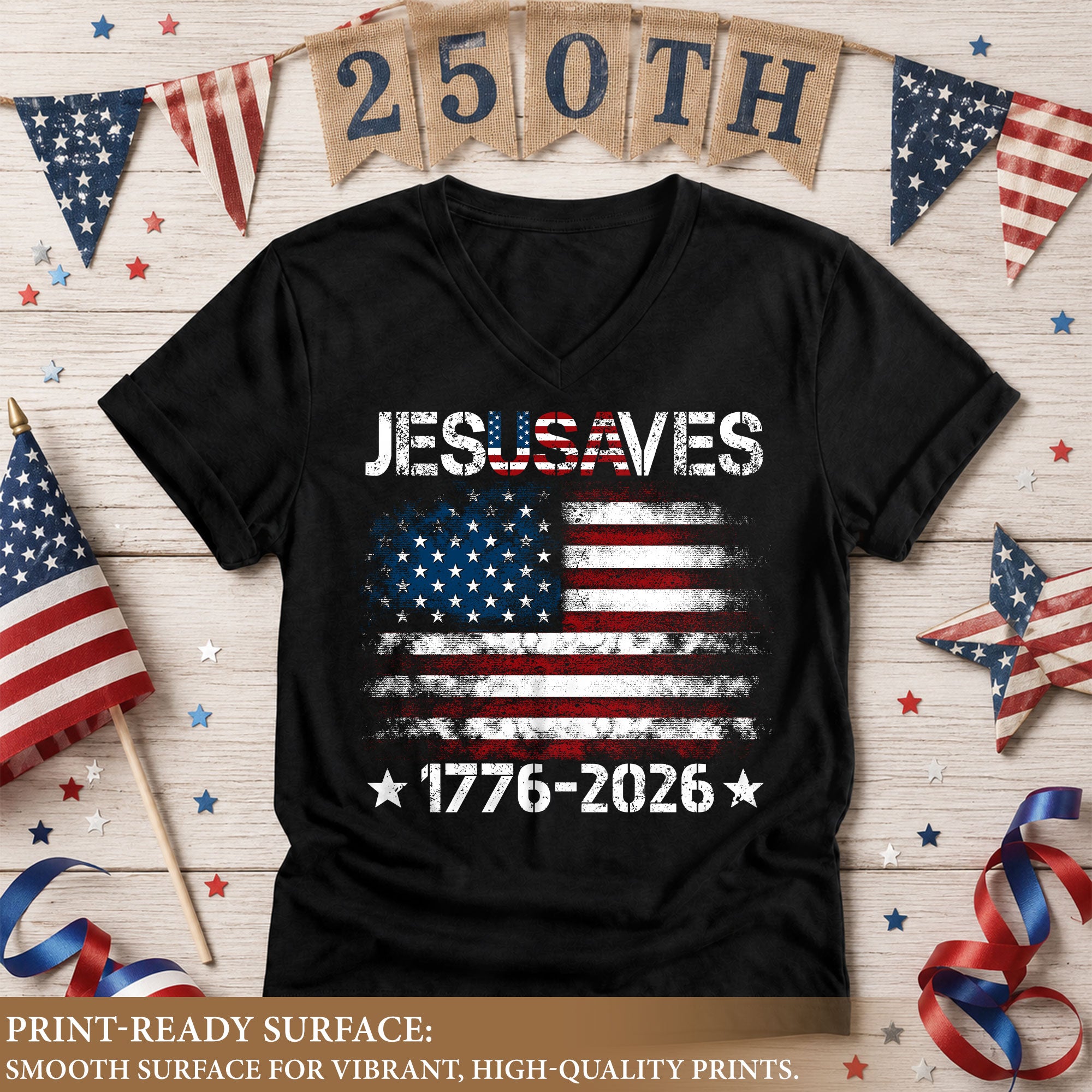Women's Flag JESUSAVES 1776-2026 V-Neck Tee - Patriotic Graphic Summer Item