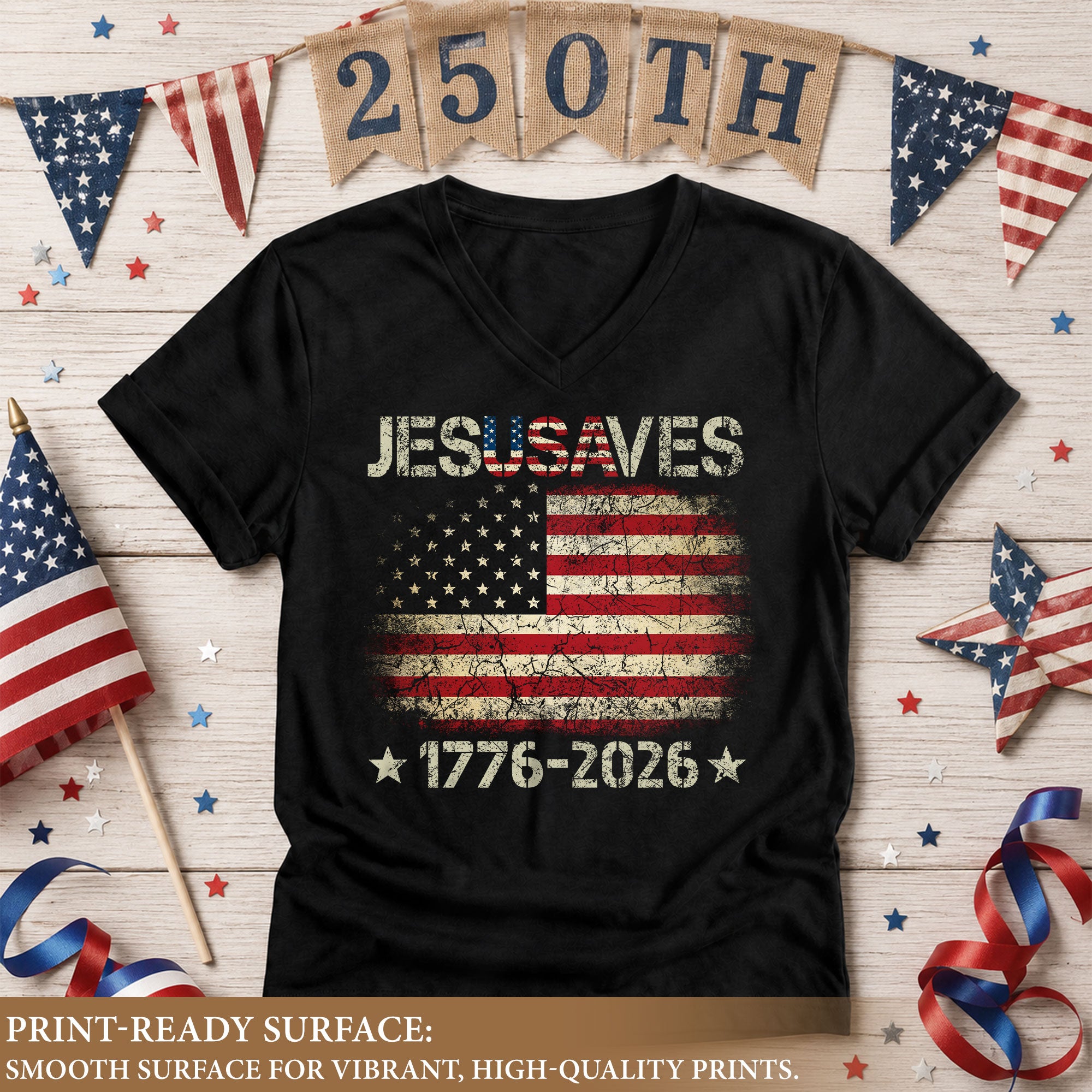 Women's JESUSAVES 1776-2026 V-Neck Tee - Patriotic Faith Graphic Summer Shirt