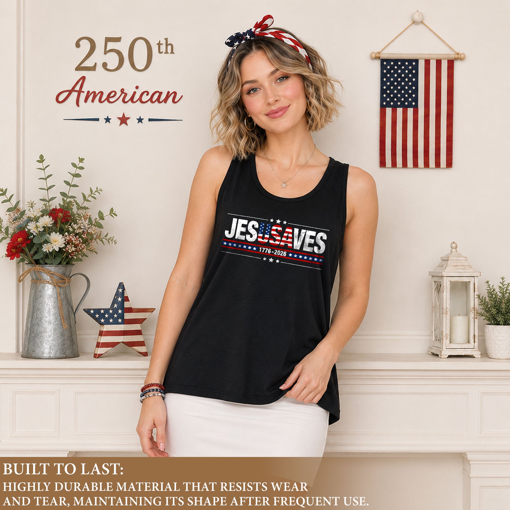 JESUSAVES Tank Top Women Christian Patriotic US Flag 1776-2026 Faith 4th of July Shirt