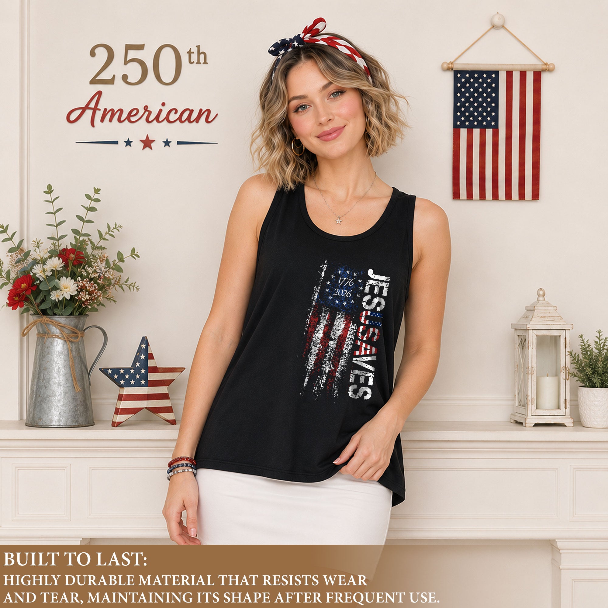 JESUSAVES Women's Tank Top Patriotic Flag 1776-2026 Christian Faith Graphic Shirt