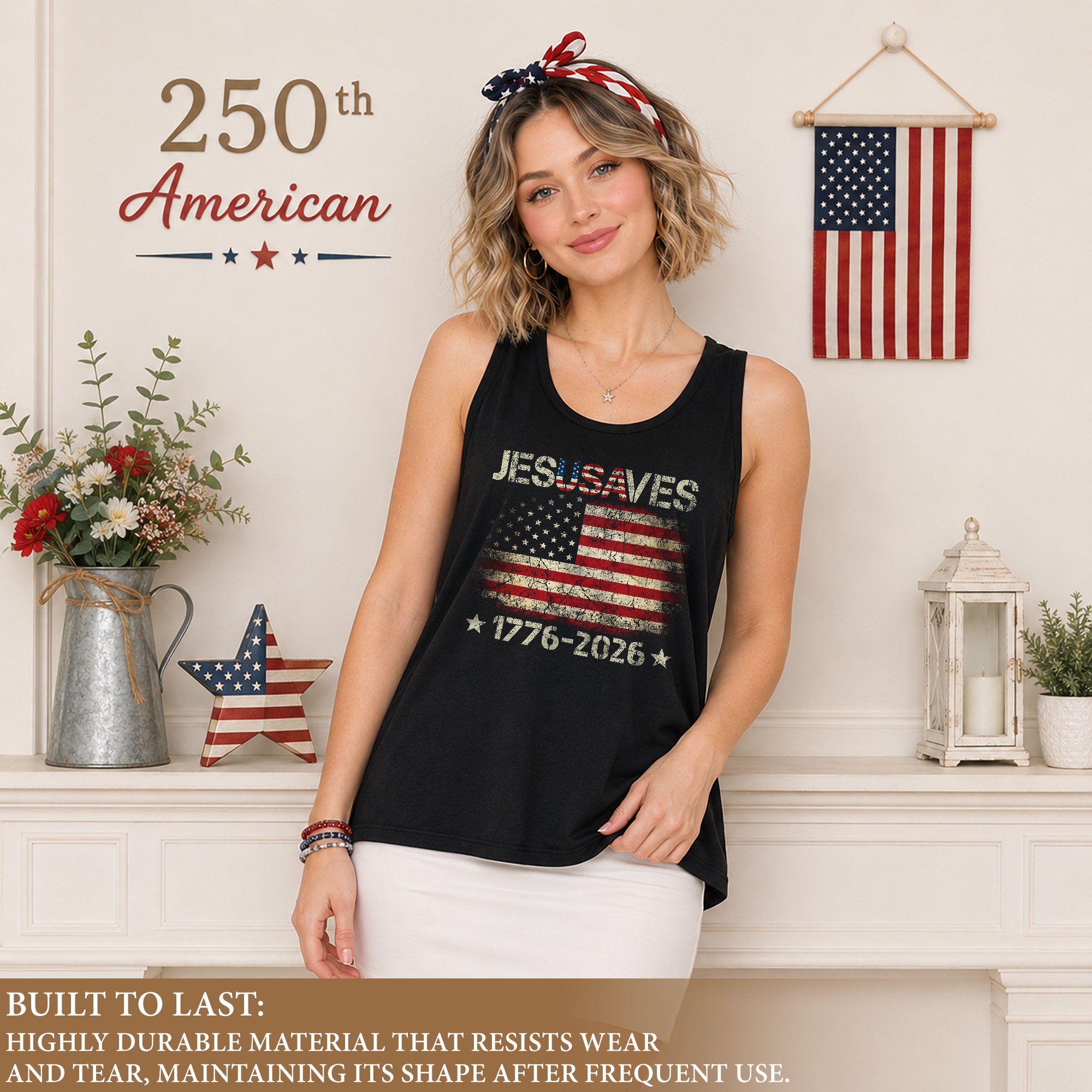 JESUSAVES Women's Tank Top Patriotic American Flag 1776-2026 Christian Faith Tee