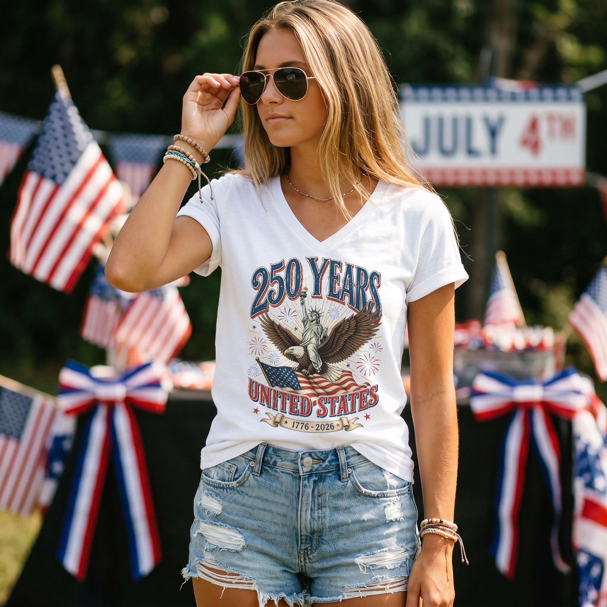 Patriotic United States 250 Years Anniversary V-Neck Tee Holiday Graphic Shirt Apparel - Rust Field Wear