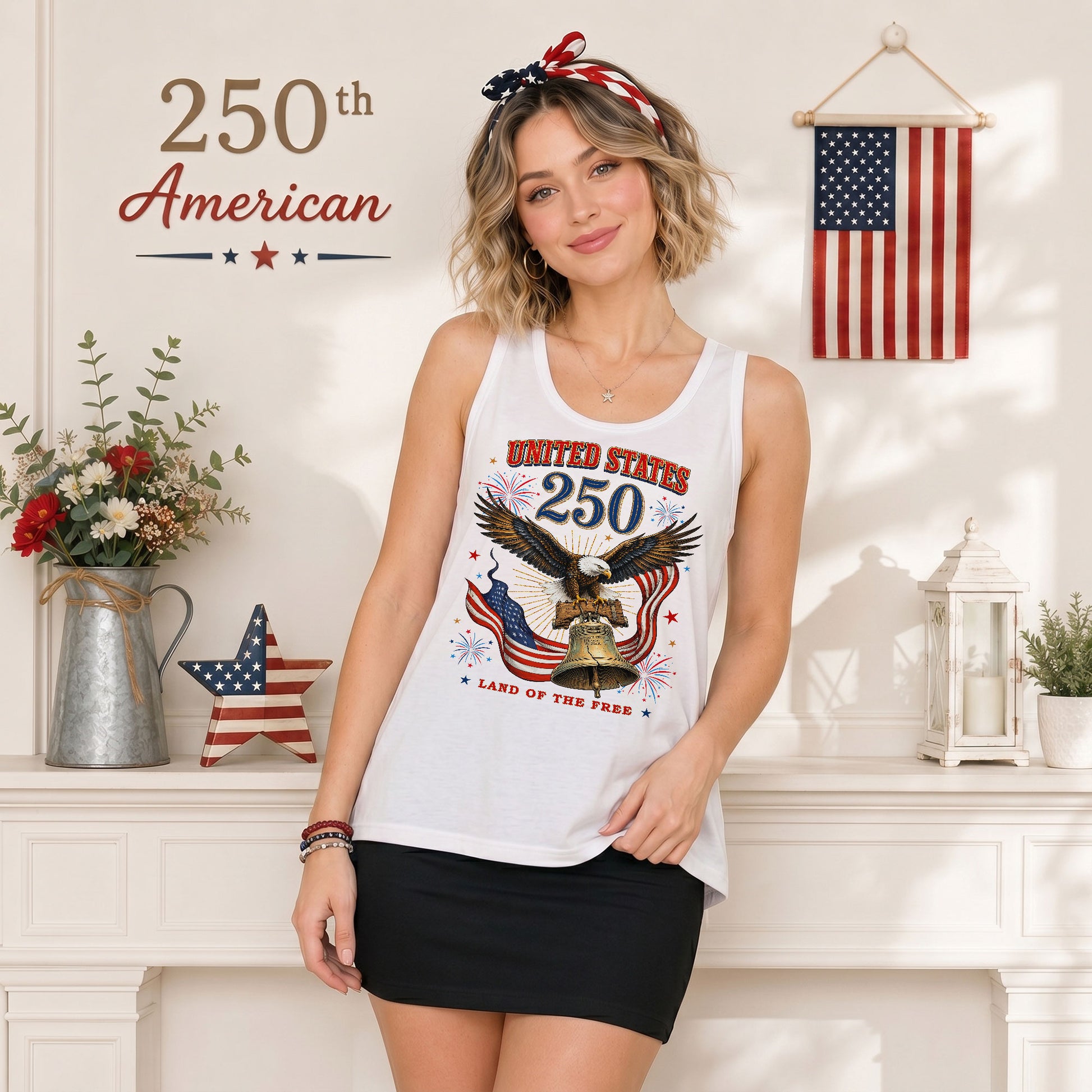 Women Vintage Tank Top 250th Anniversary US Flag Liberty Bell United States Shirt - Rust Field Wear