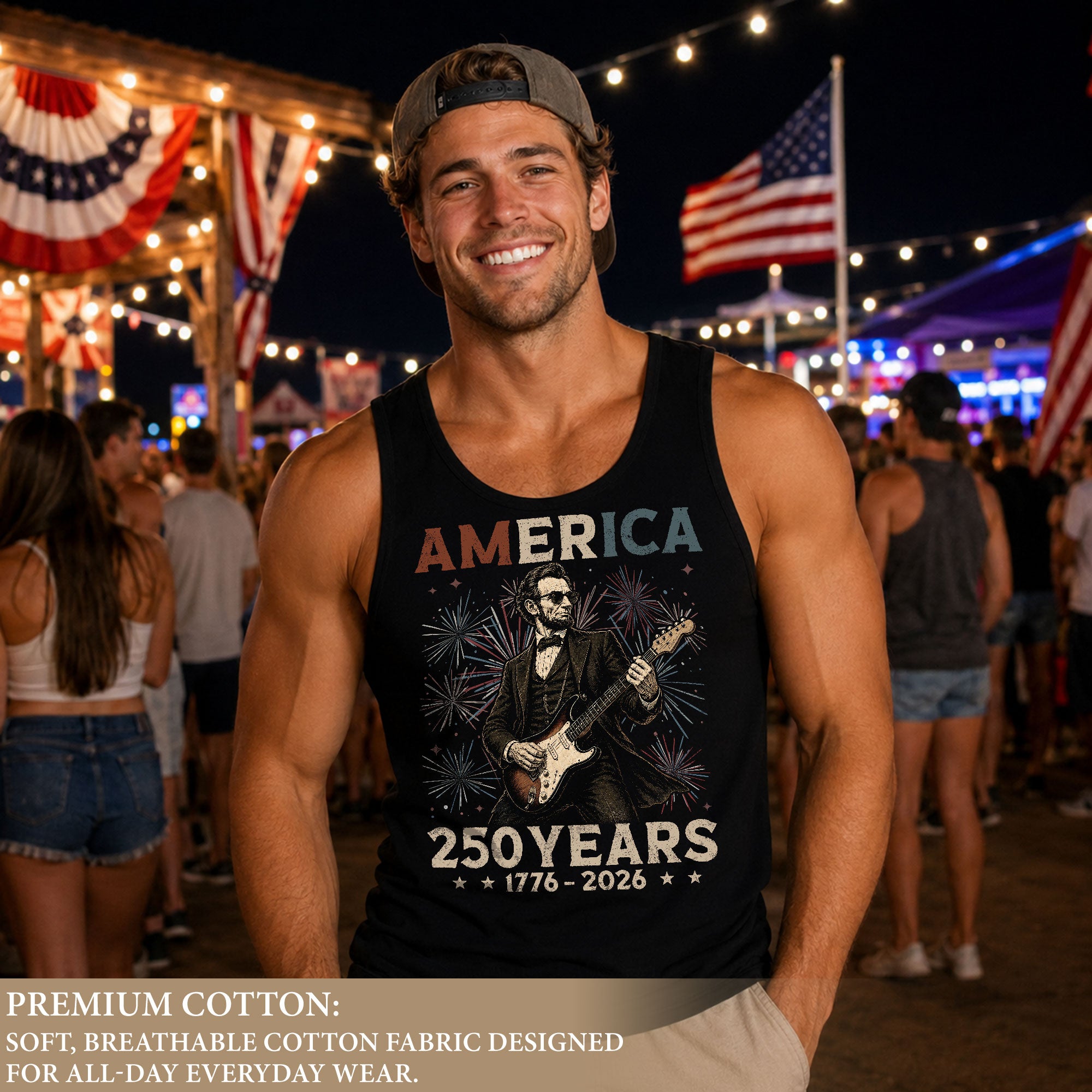 Rockstar Lincoln Fireworks Men Tank Top - Patriotic 1776 2026 Guitar Vintage Gym Shirt