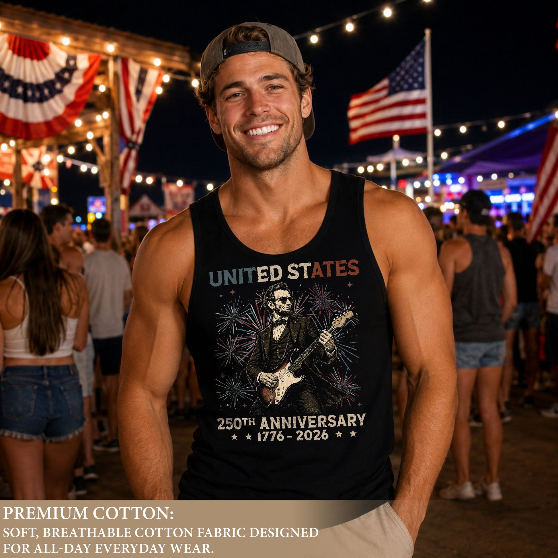 Rockstar Lincoln Fireworks Men Tank Top - Patriotic 1776 2026 Guitar Vintage Gym Shirt - Rust Field Wear