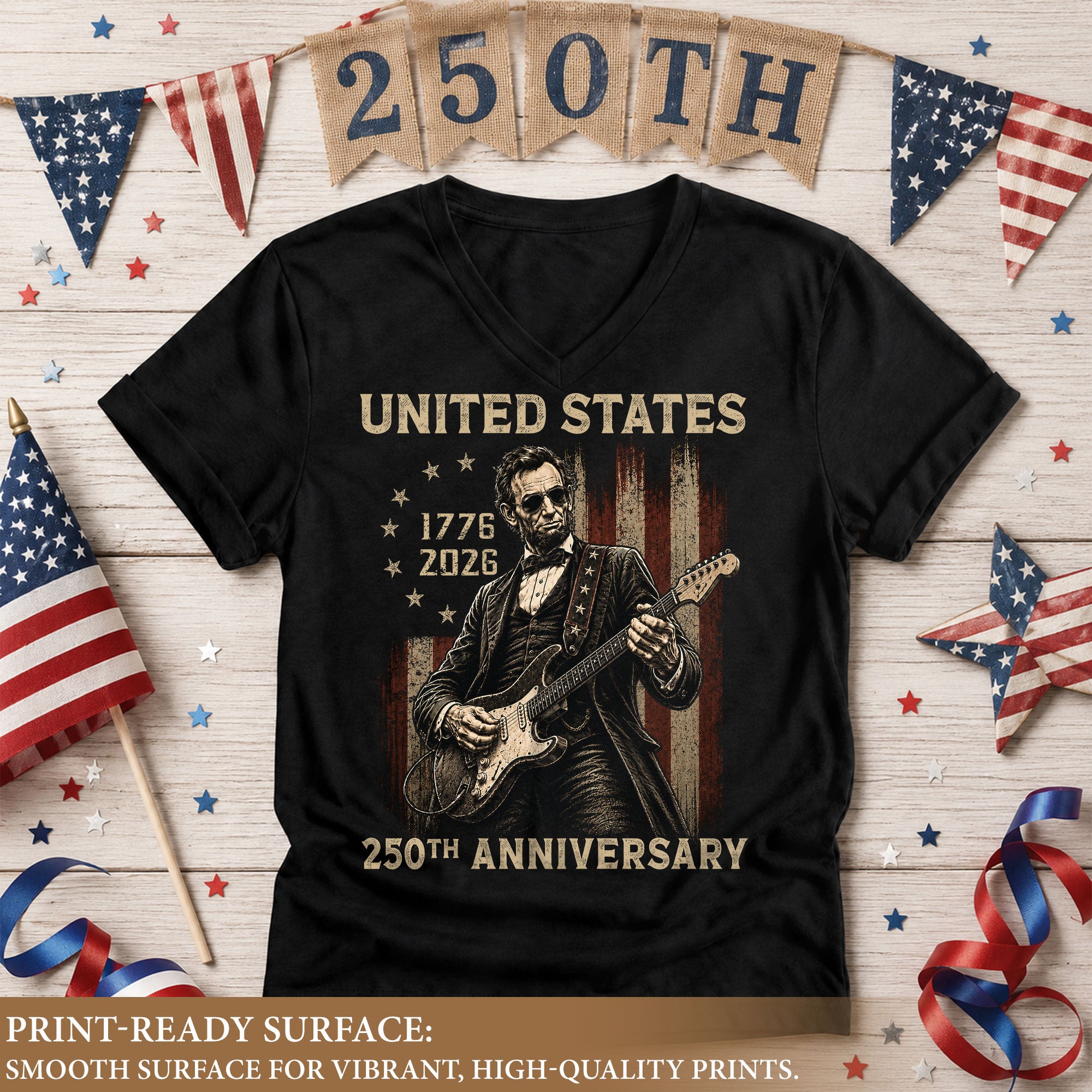Lincoln Guitarist 1776-2026 Patriotic V-Neck Shirt - Graphic Summer Tee for Women