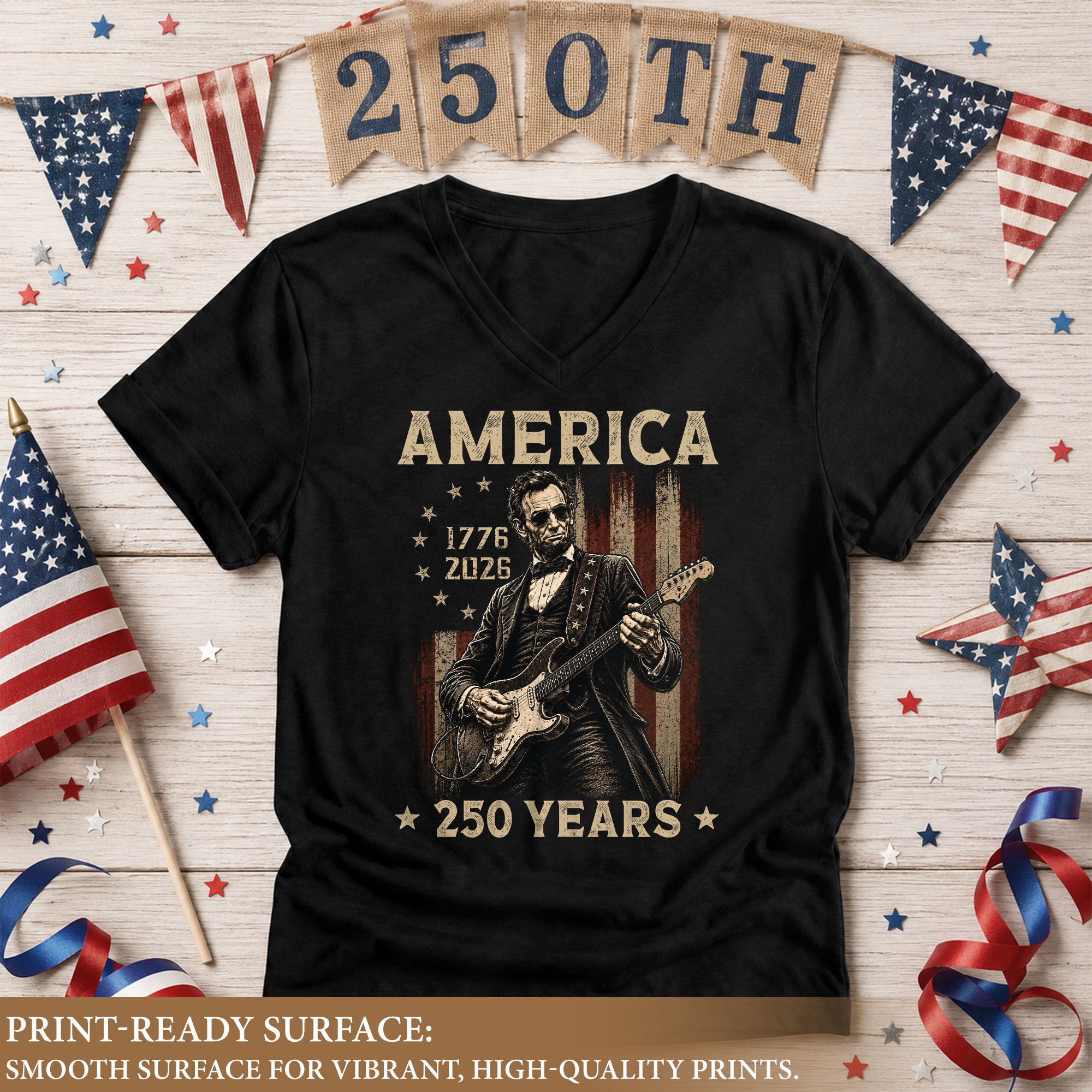 Lincoln Guitarist 1776-2026 Patriotic V-Neck Shirt - Graphic Summer Tee for Women