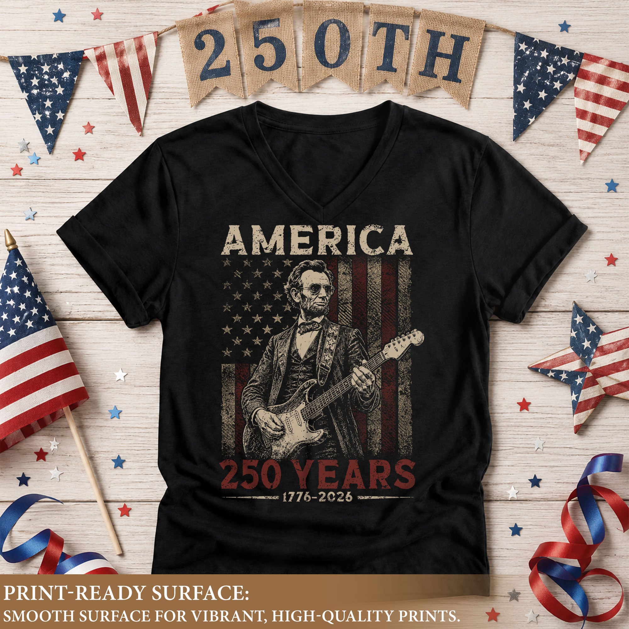 Women's Lincoln Guitarist 1776-2026 Patriotic V-Neck Tee - Graphic Summer Shirt Top