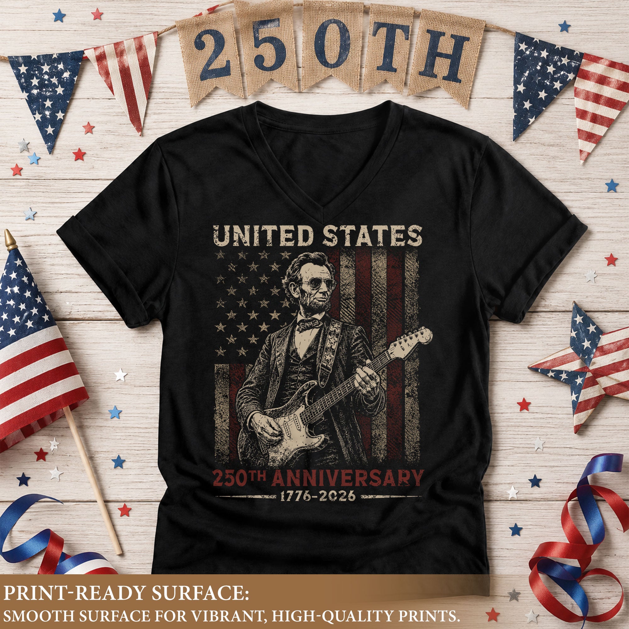 Women's Lincoln Guitarist 1776-2026 Patriotic V-Neck Tee - Graphic Summer Shirt Top
