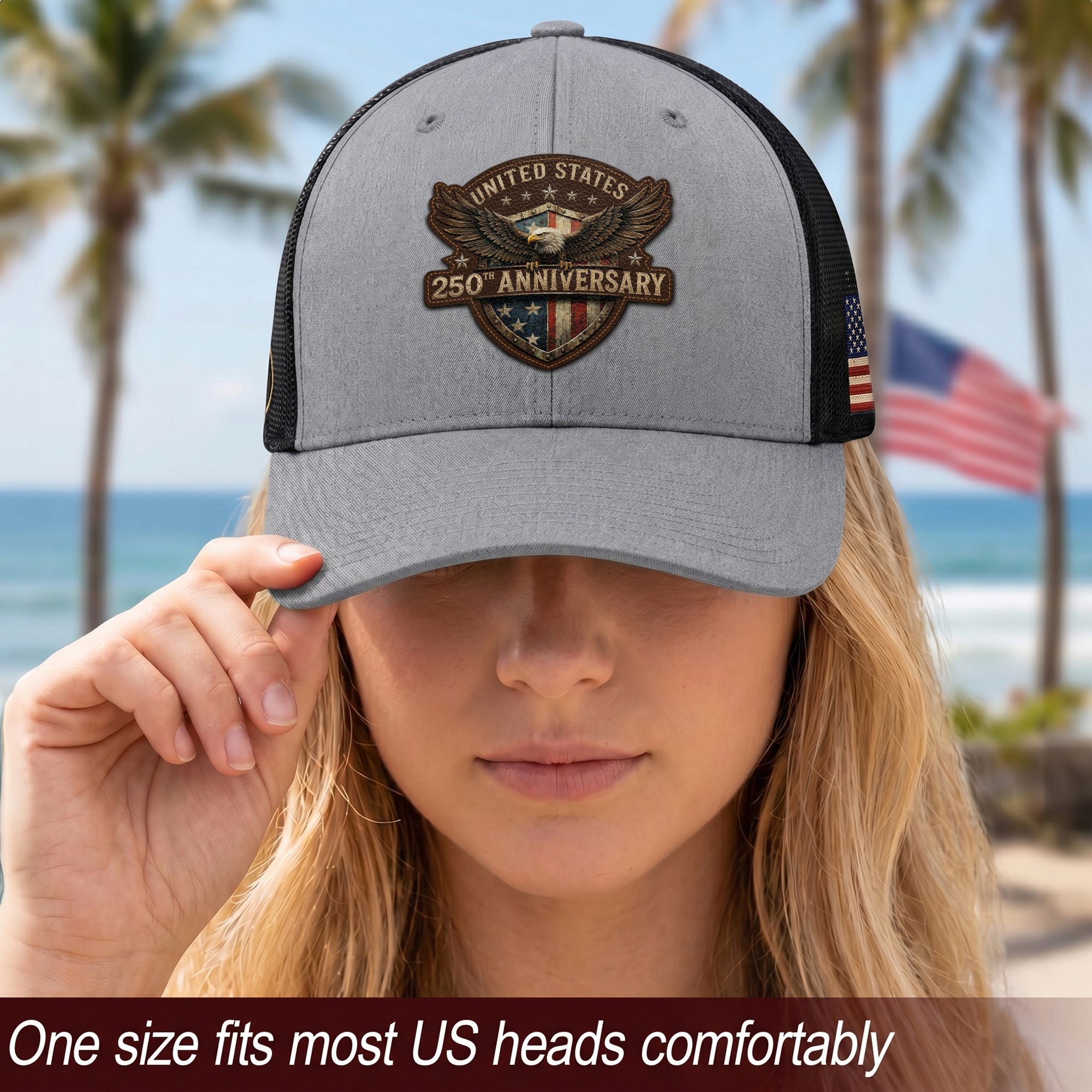 Leather Patch Hat US 250th Anniversary Trucker Cap Patriotic American Eagle Mesh Hat
