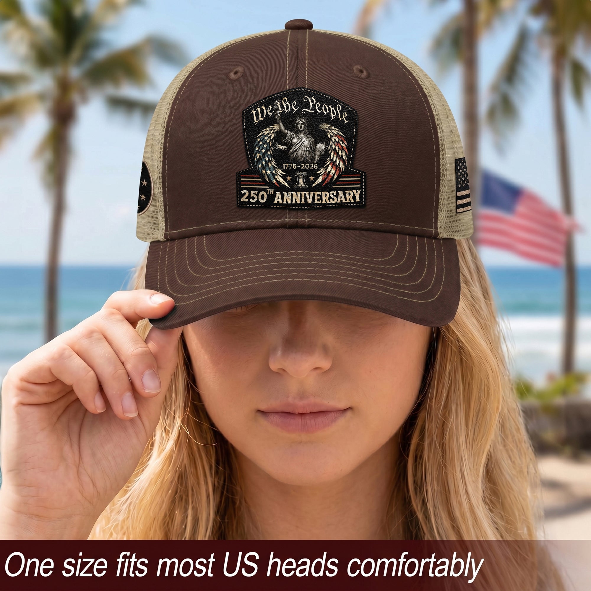 We The People Leather Patch Hat 250th Anniversary Trucker Cap Patriotic US Mesh Hat