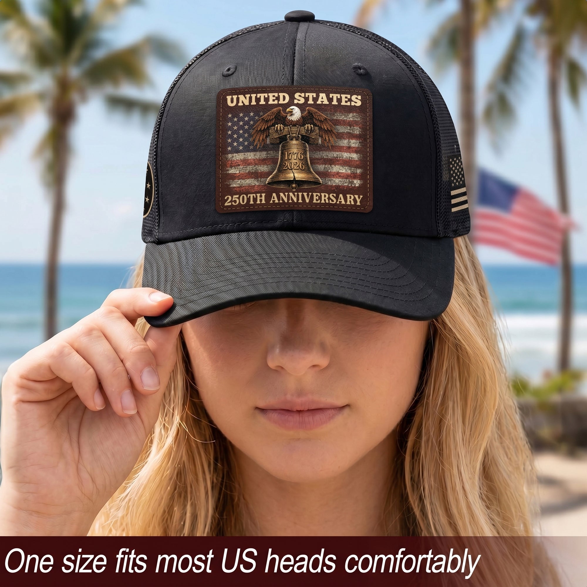 Patriotic Trucker Hat United States 250th Anniversary American Eagle Leather Patch Cap