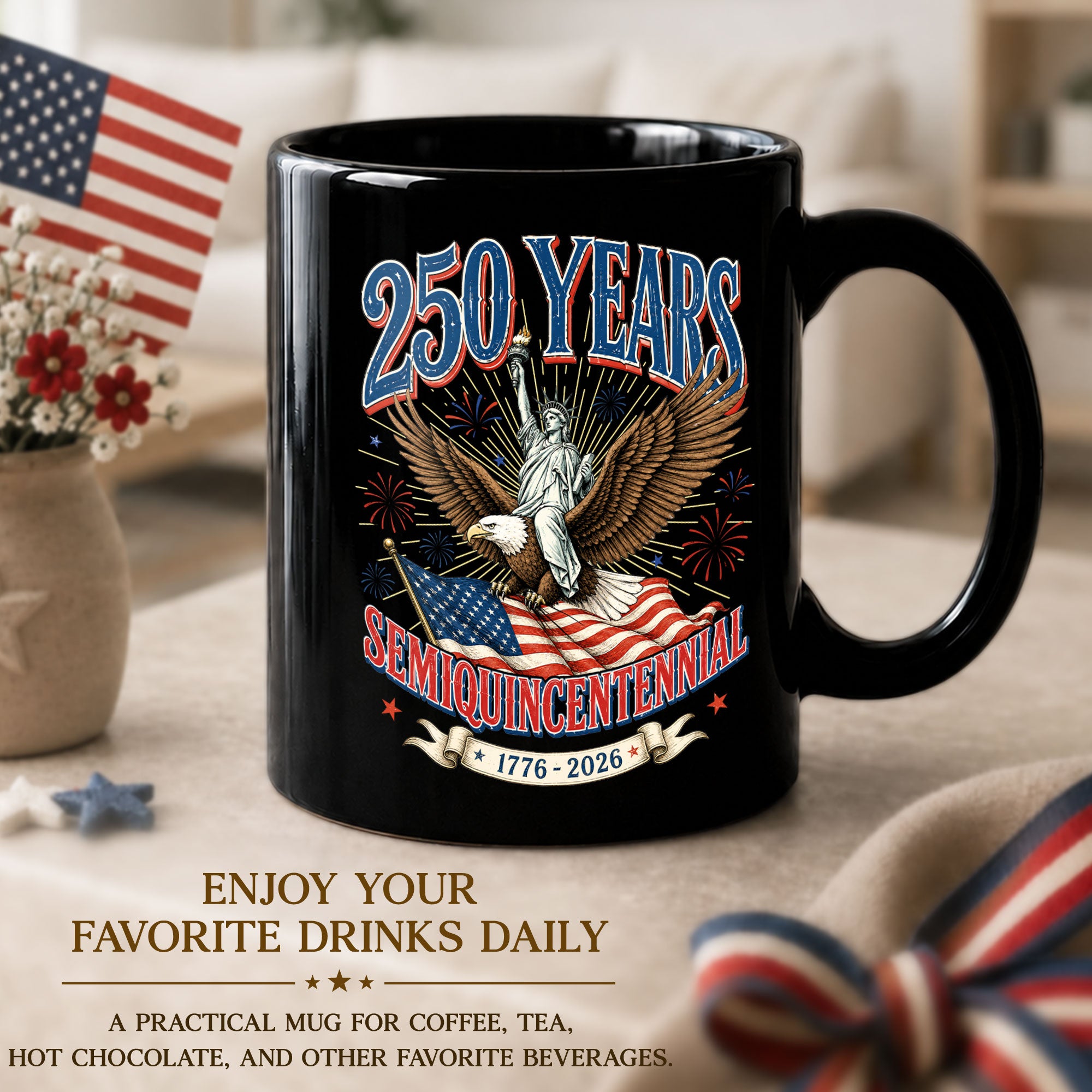Patriotic Eagle and Statue Ceramic Mug – 1776-2026 Anniversary Celebration Drinkware
