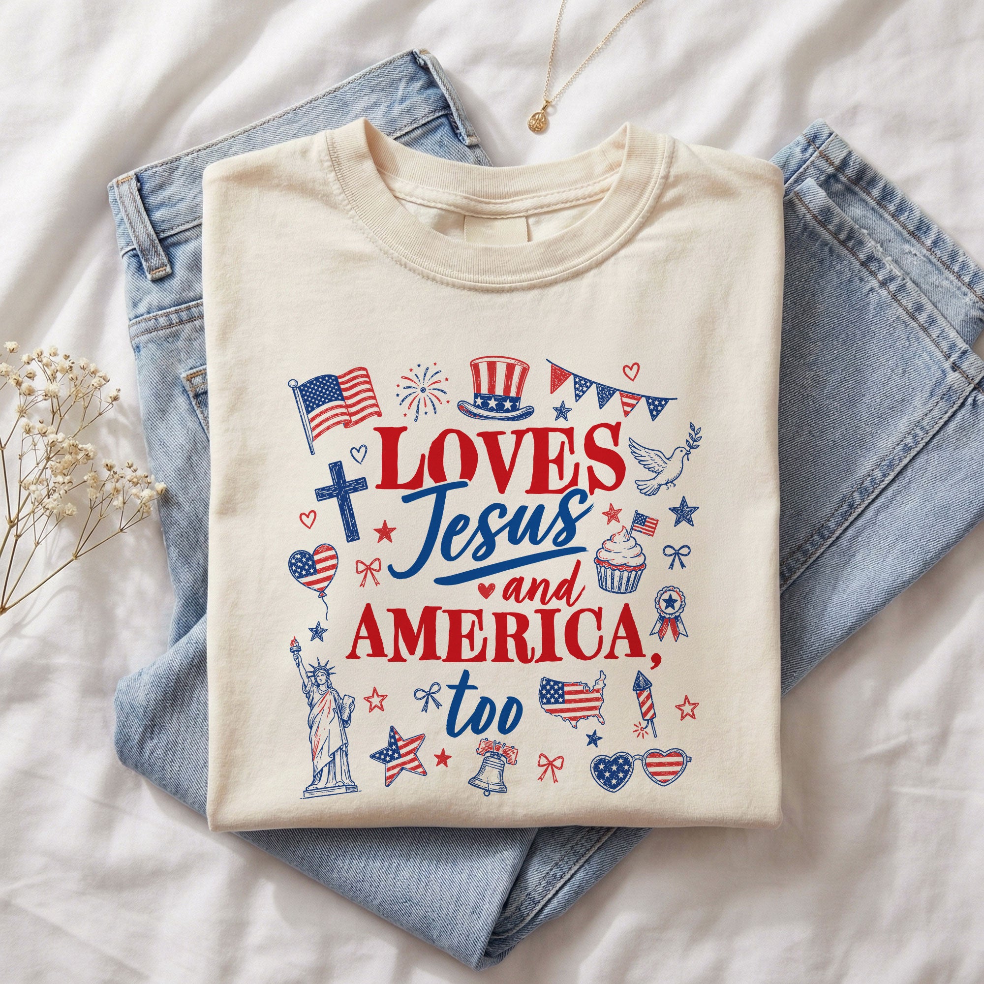 Loves Jesus and America Too Shirt Patriotic Christian Tee Religious United States Apparel