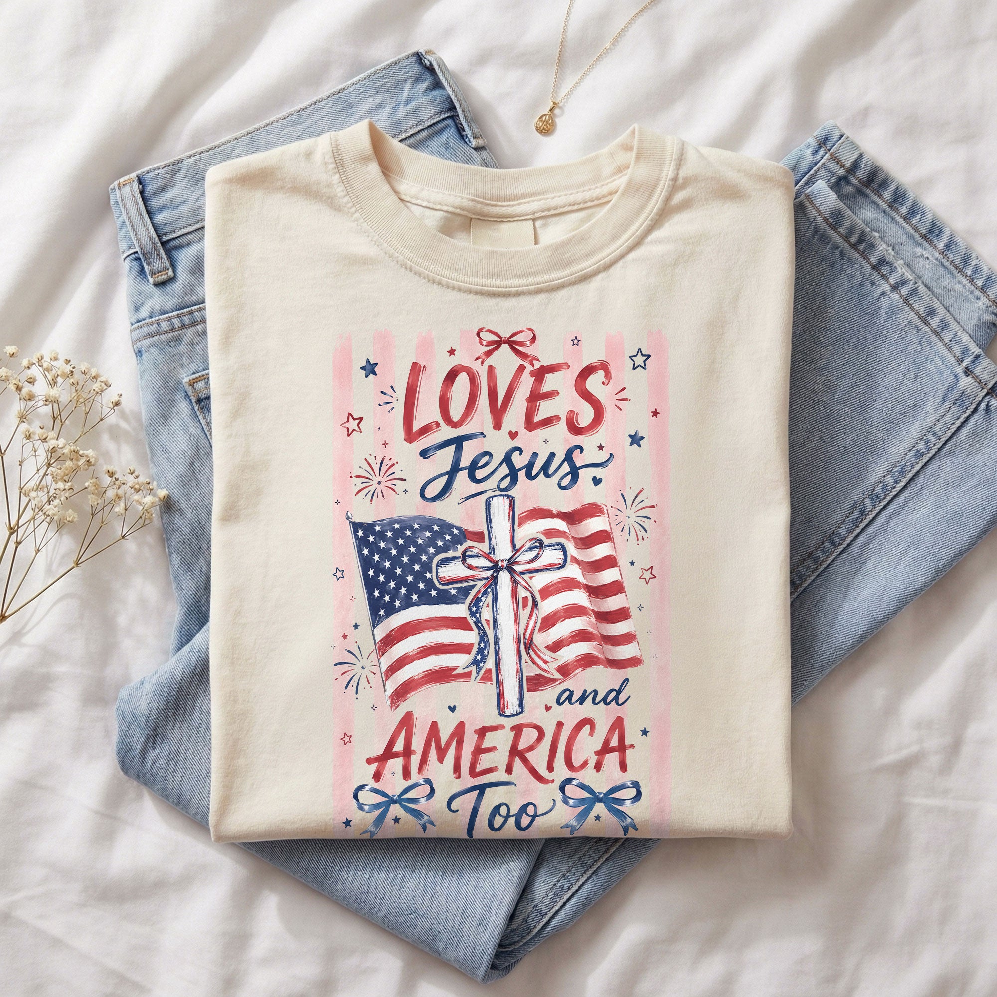 Loves Jesus and America Too Shirt USA Pride Graphic Tee Faithful Patriot Unisex Top Gift