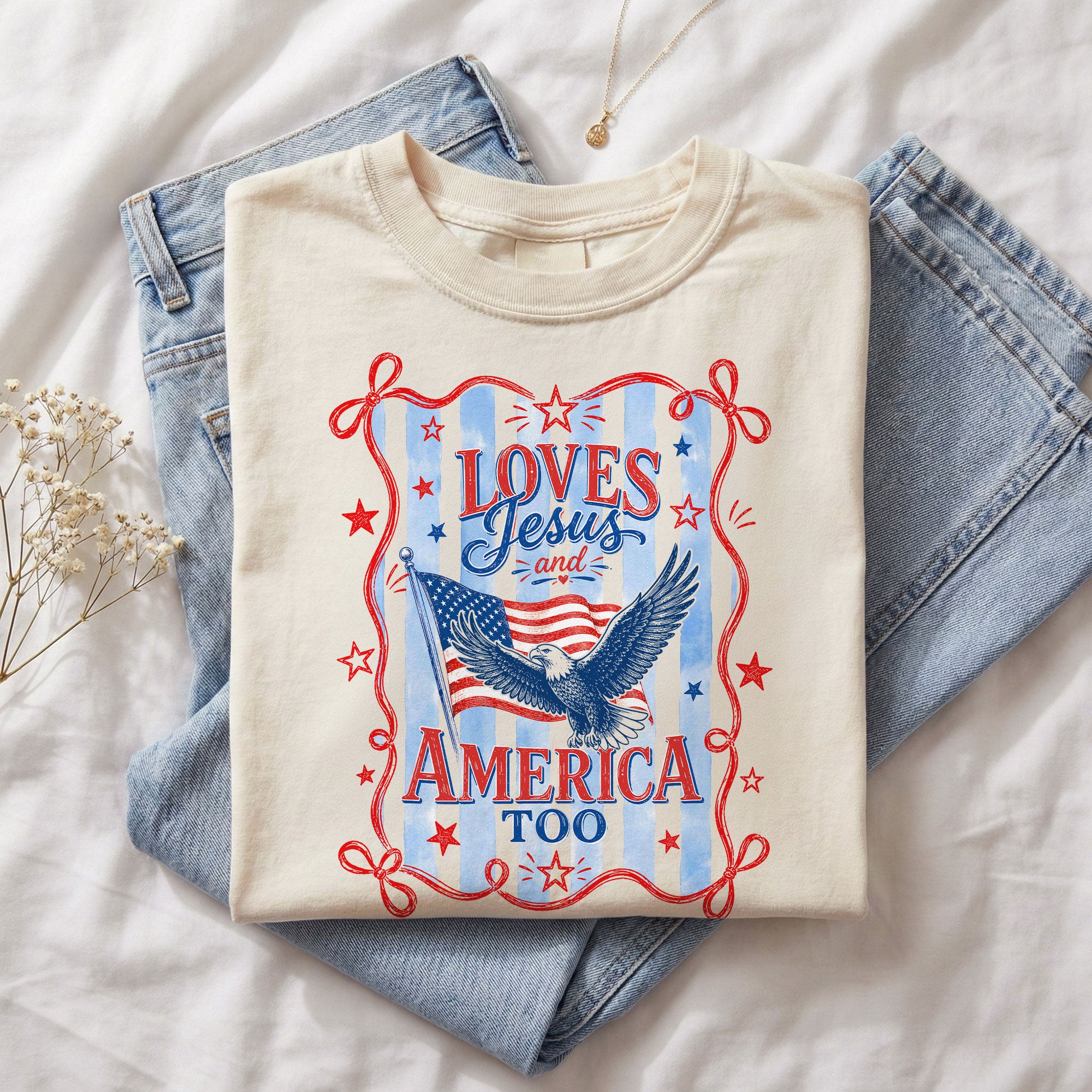 Loves Jesus and America Too Shirt Patriotic Eagle Graphic Tee Christian Faith US Pride Top