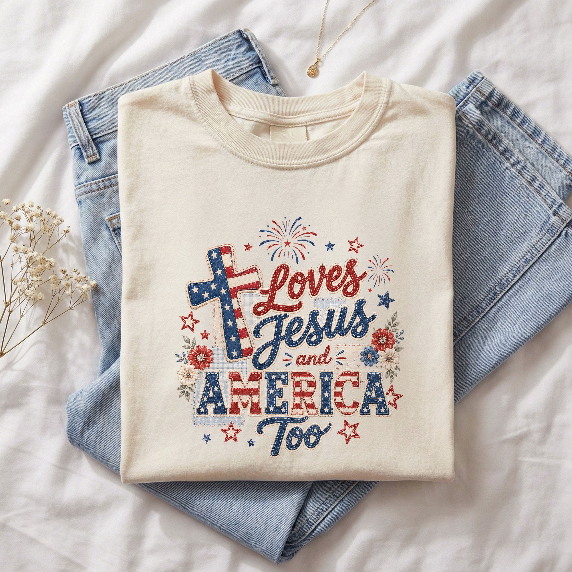 Loves Jesus and America Too Shirt Christian Cross Graphic Tee Patriotic Faith Western Top